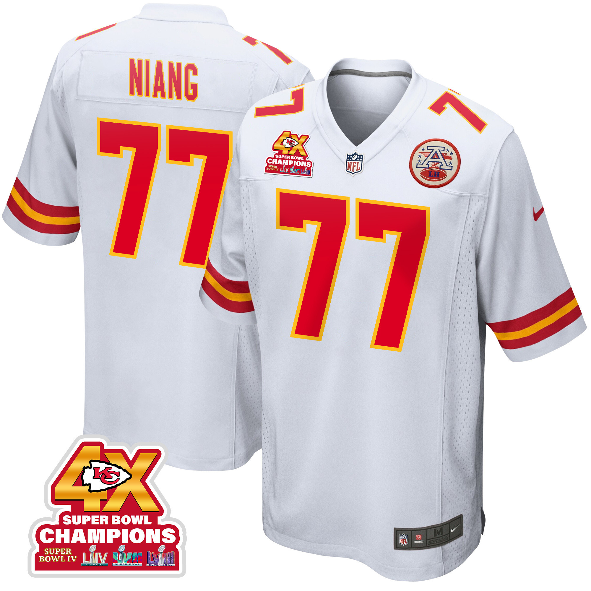 Lucas Niang 77 Kansas City Chiefs Super Bowl LVIII Champions 4X Game Men Jersey - White JS6708 nicesnker