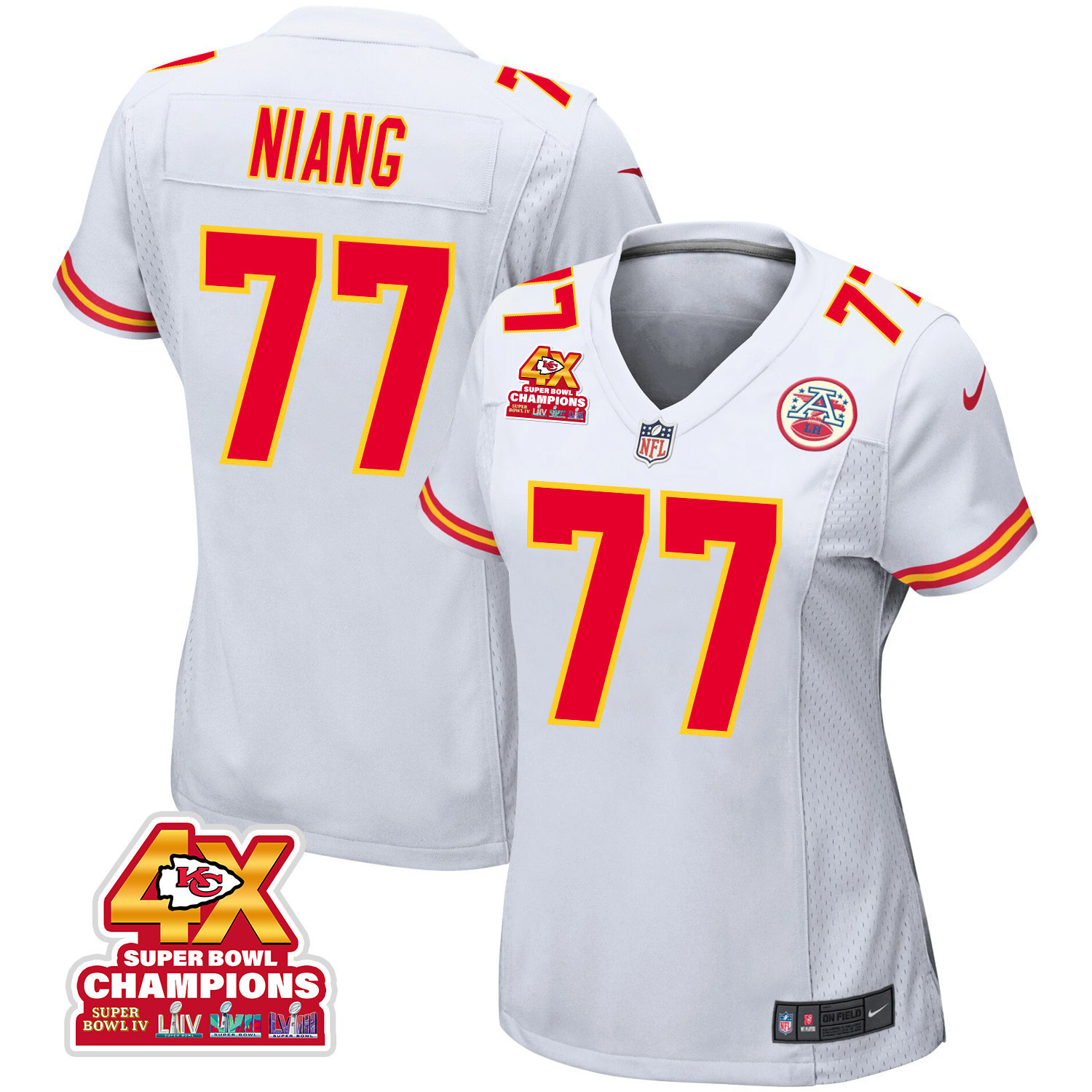 Lucas Niang 77 Kansas City Chiefs Super Bowl LVIII Champions 4X Game Women Jersey - White JS4056 nicesnker
