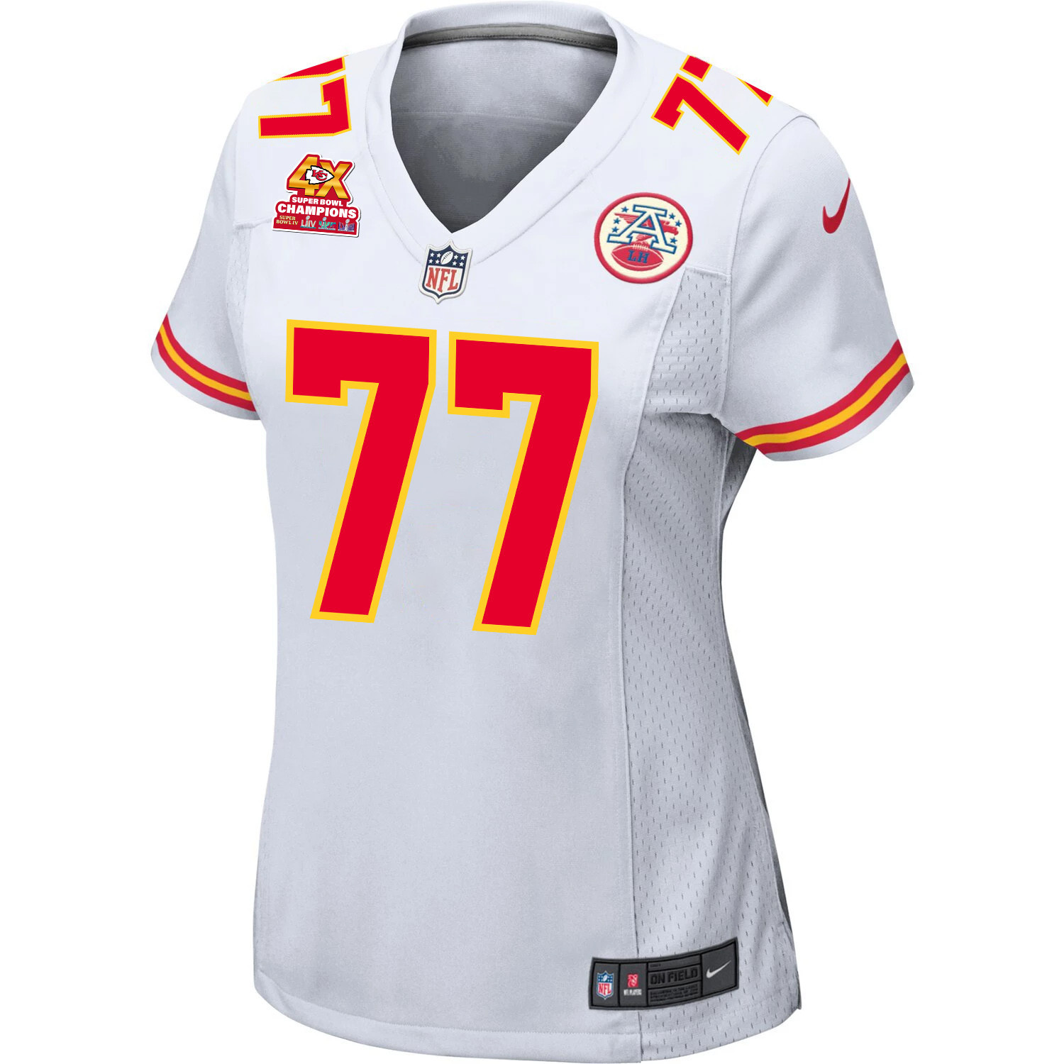 Alternative view of Lucas Niang 77 Kansas City Chiefs Super Bowl LVIII Champions 4X Game Women Jersey - White JS4056 nicesnker