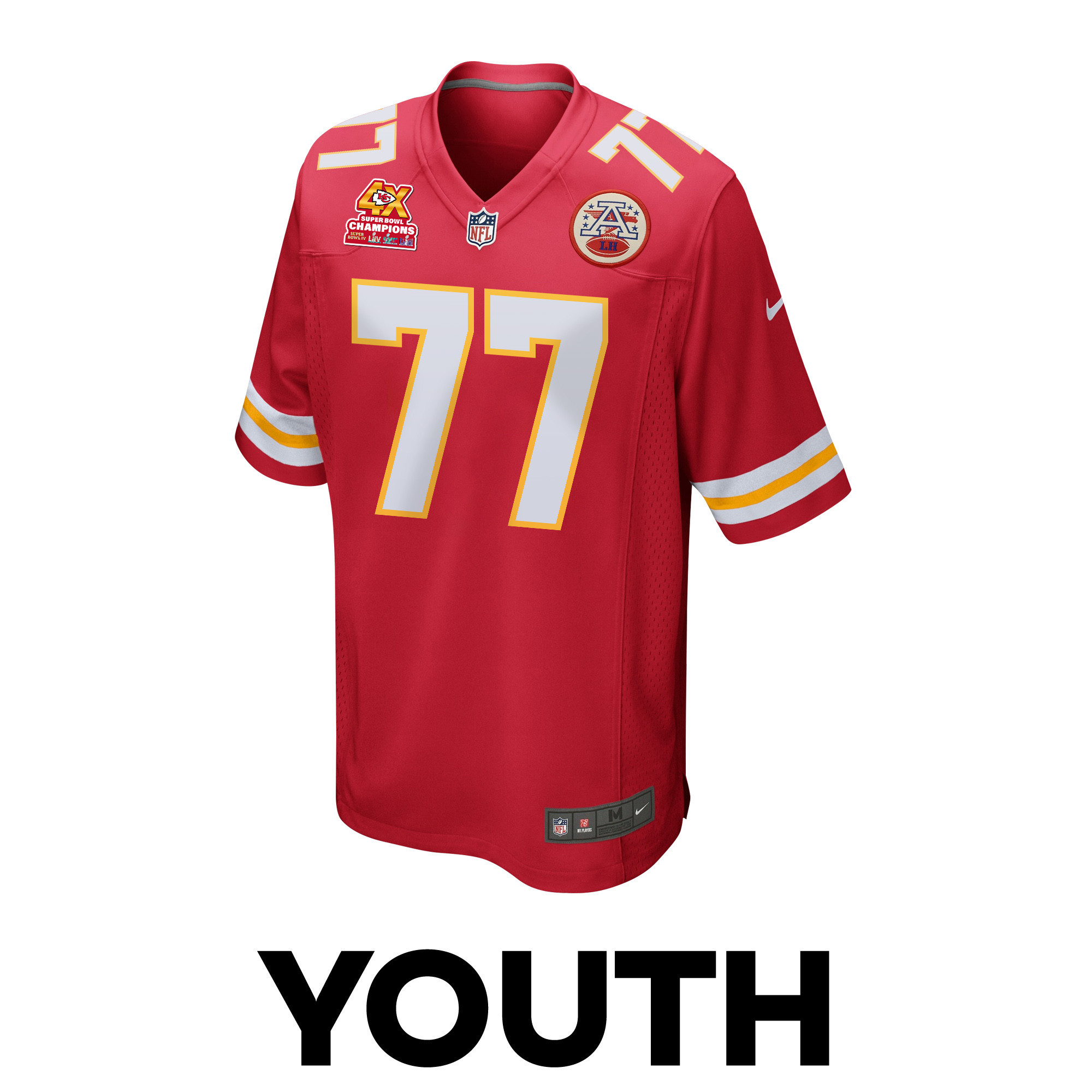 Alternative view of Lucas Niang 77 Kansas City Chiefs Super Bowl LVIII Champions 4X Game YOUTH Jersey - Red JS7230 nicesnker