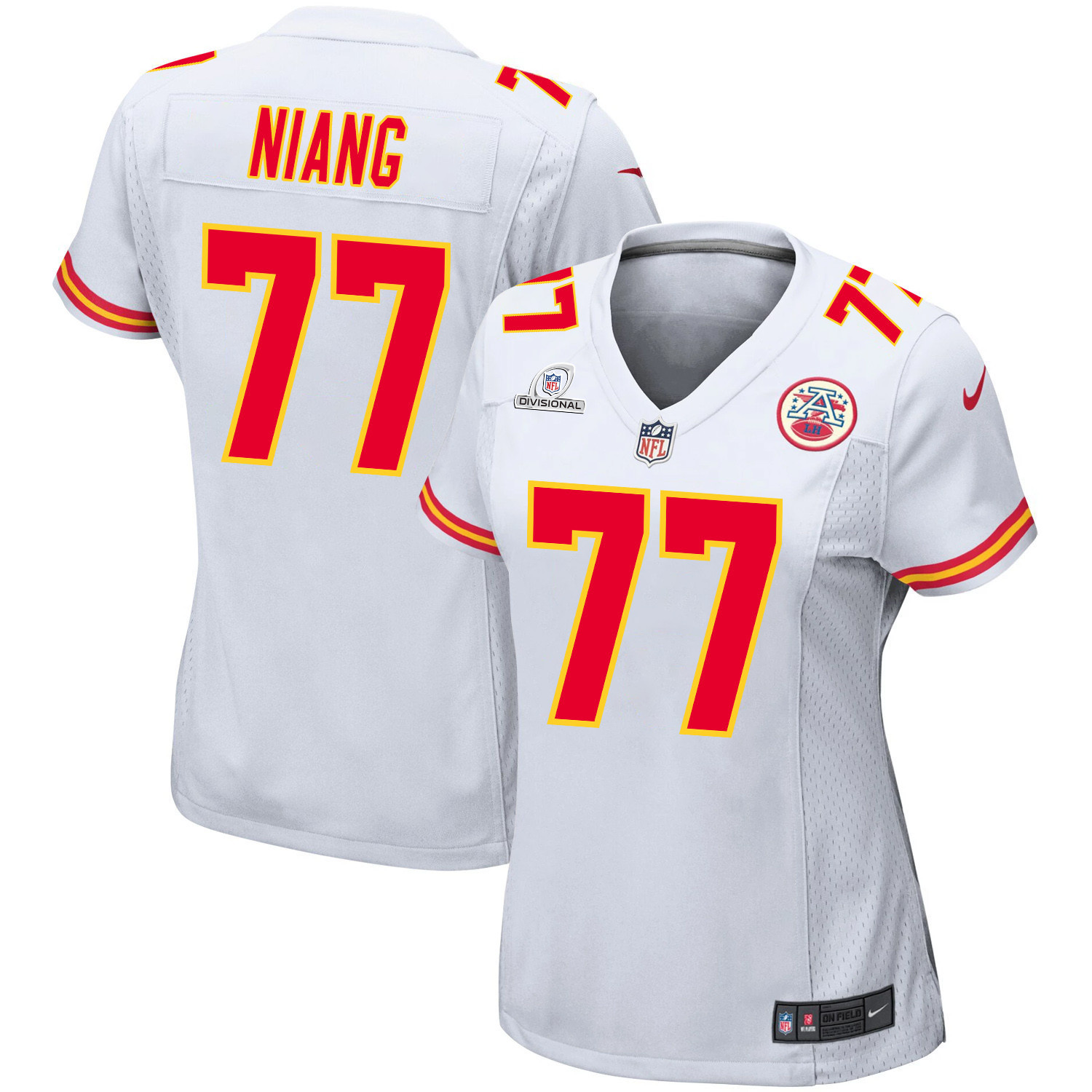 Lucas Niang 77 Kansas City Chiefs Super Bowl LVIII Patch Game Women Jersey - White JS2269 nicesnker