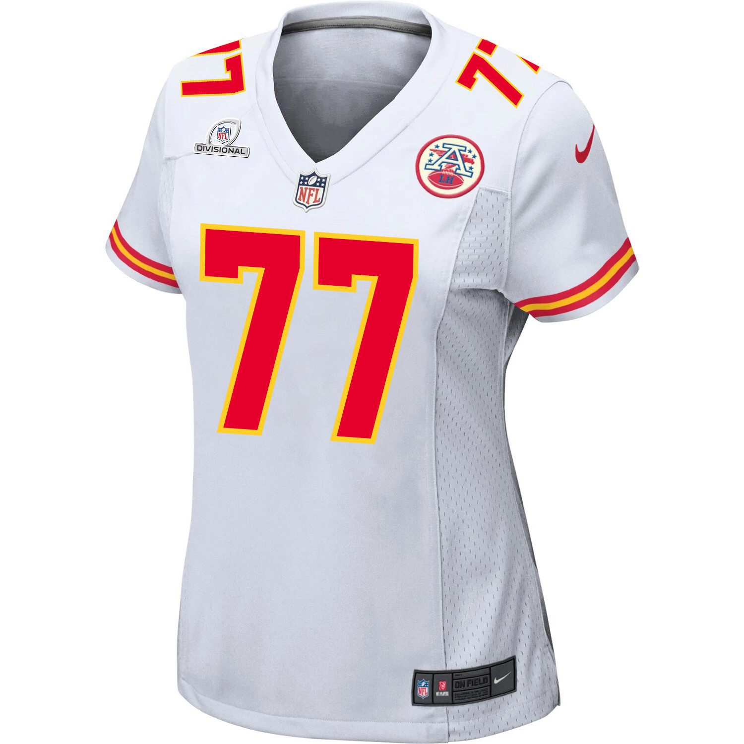 Alternative view of Lucas Niang 77 Kansas City Chiefs Super Bowl LVIII Patch Game Women Jersey - White JS2269 nicesnker
