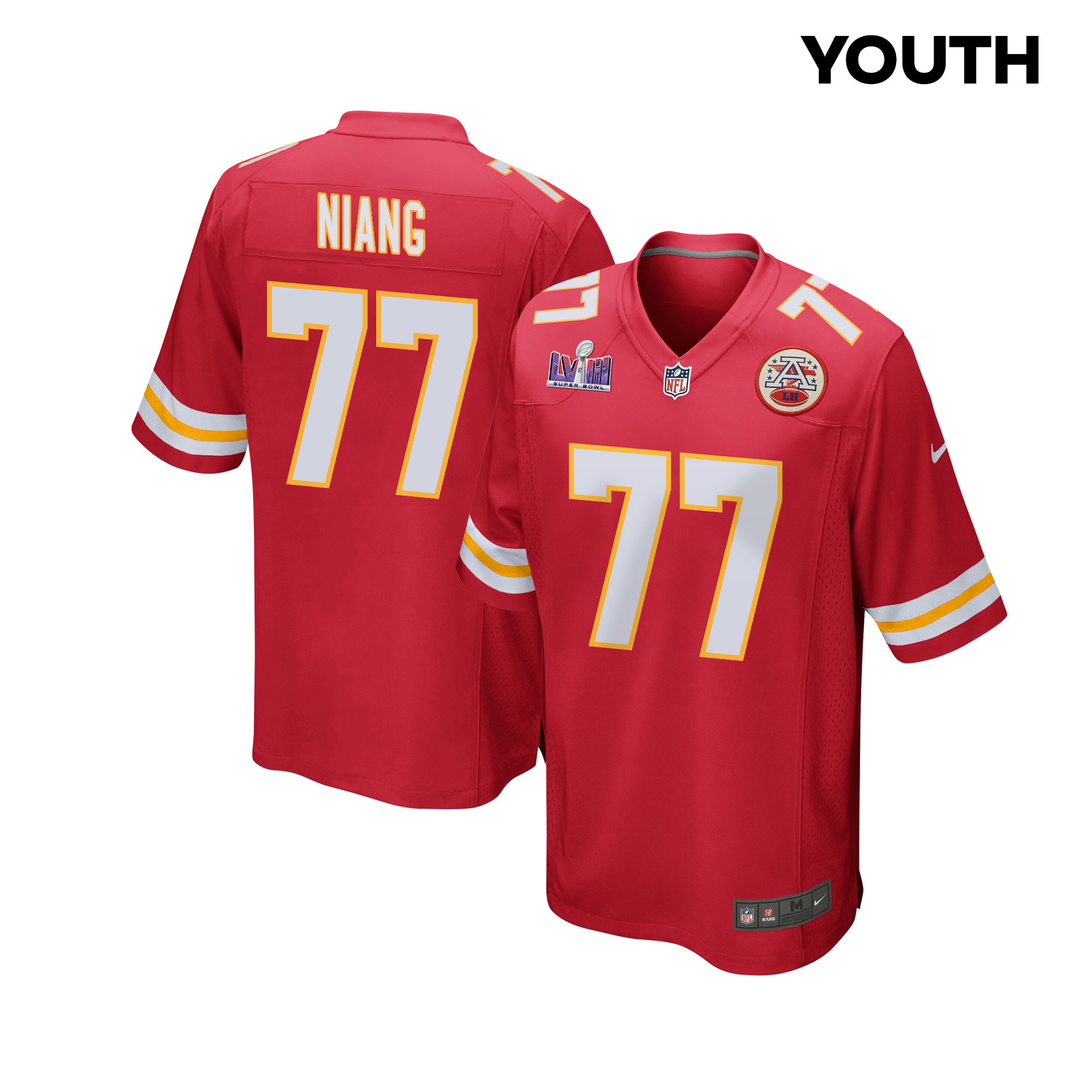 Lucas Niang 77 Kansas City Chiefs Super Bowl LVIII Patch Game YOUTH Jersey - Red JS5344 nicesnker
