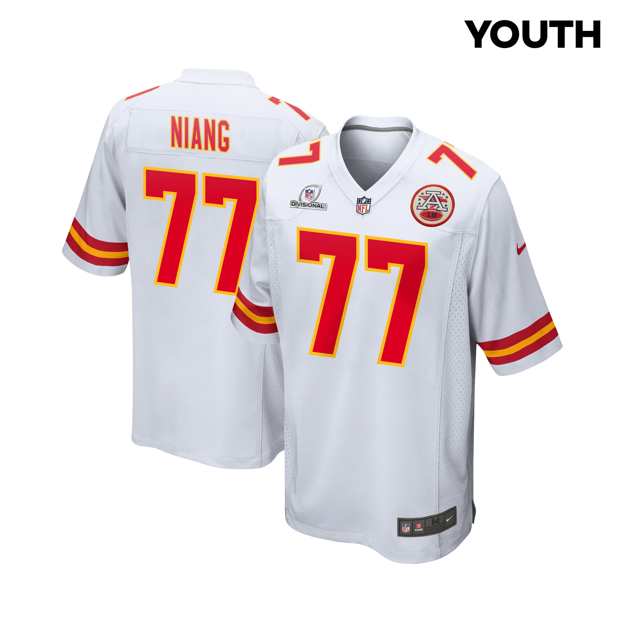 Lucas Niang 77 Kansas City Chiefs Super Bowl LVIII Patch Game YOUTH Jersey - White JS3690 nicesnker