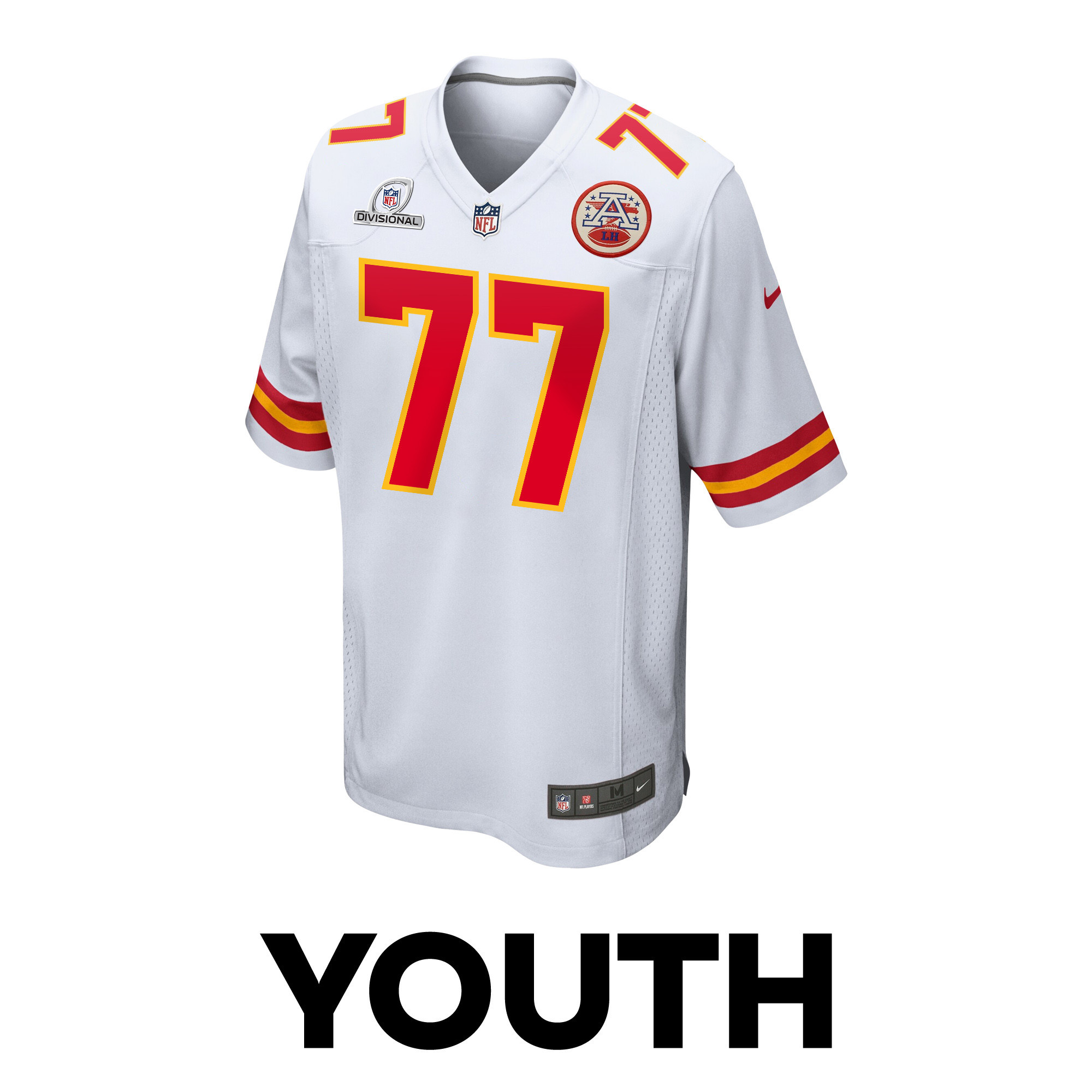 Alternative view of Lucas Niang 77 Kansas City Chiefs Super Bowl LVIII Patch Game YOUTH Jersey - White JS3690 nicesnker