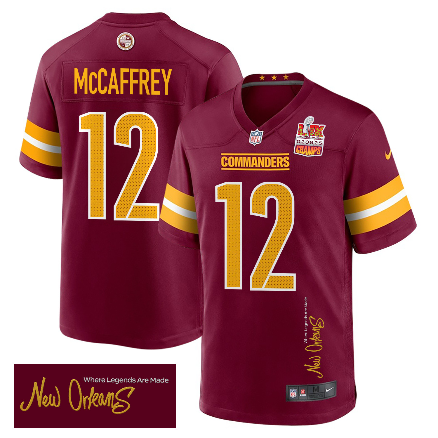 Luke McCaffrey 12 Washington Commanders Super Bowl LIX Champions Patch 'New Orleans - Where Legends Are Made' EMBROIDERED Game Men Jersey - Burgundy JS6555 nicesnker