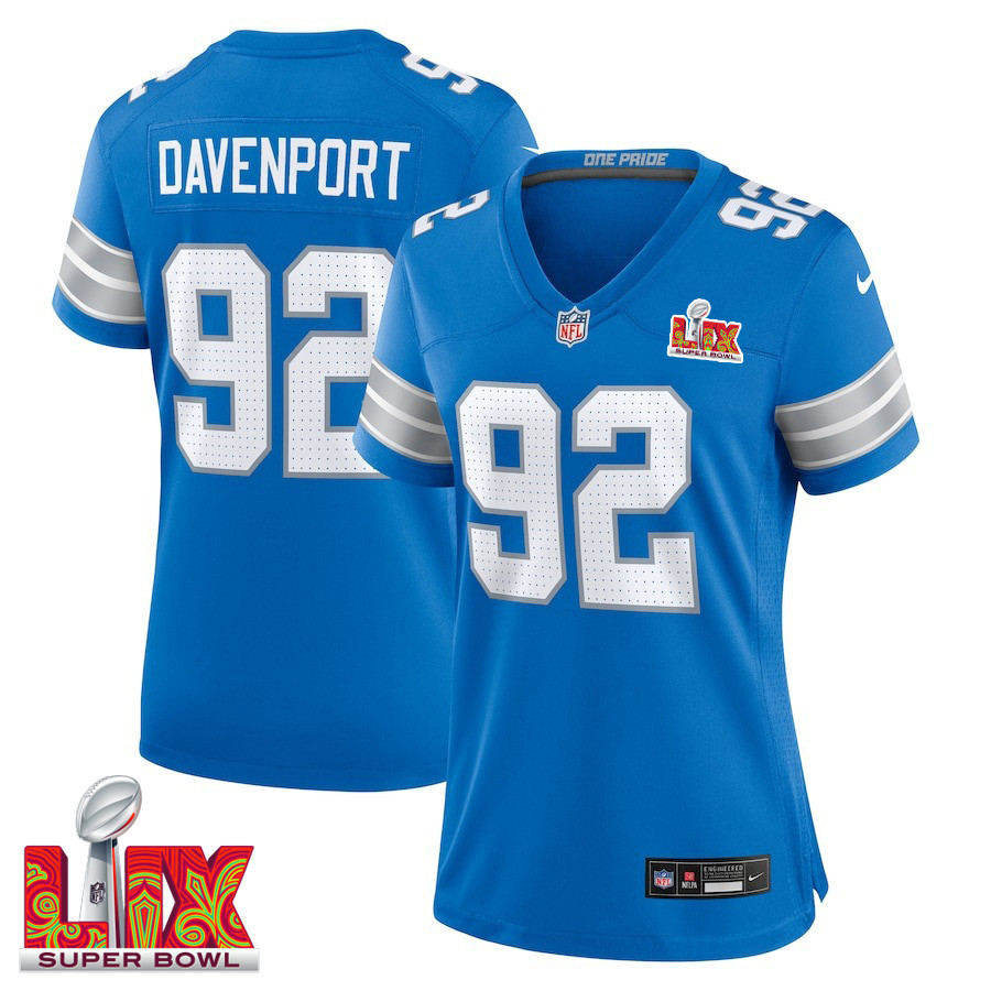 Marcus Davenport #92 Detroit Lions Super Bowl LIX Women's Jersey - Blue JS5475 nicesnker