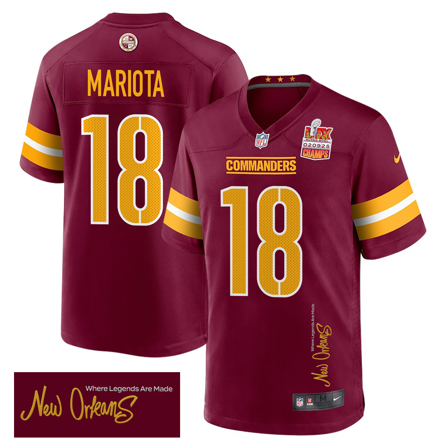Marcus Mariota 18 Washington Commanders Super Bowl LIX Champions Patch 'New Orleans - Where Legends Are Made' EMBROIDERED Game Men Jersey - Burgundy JS8572 nicesnker