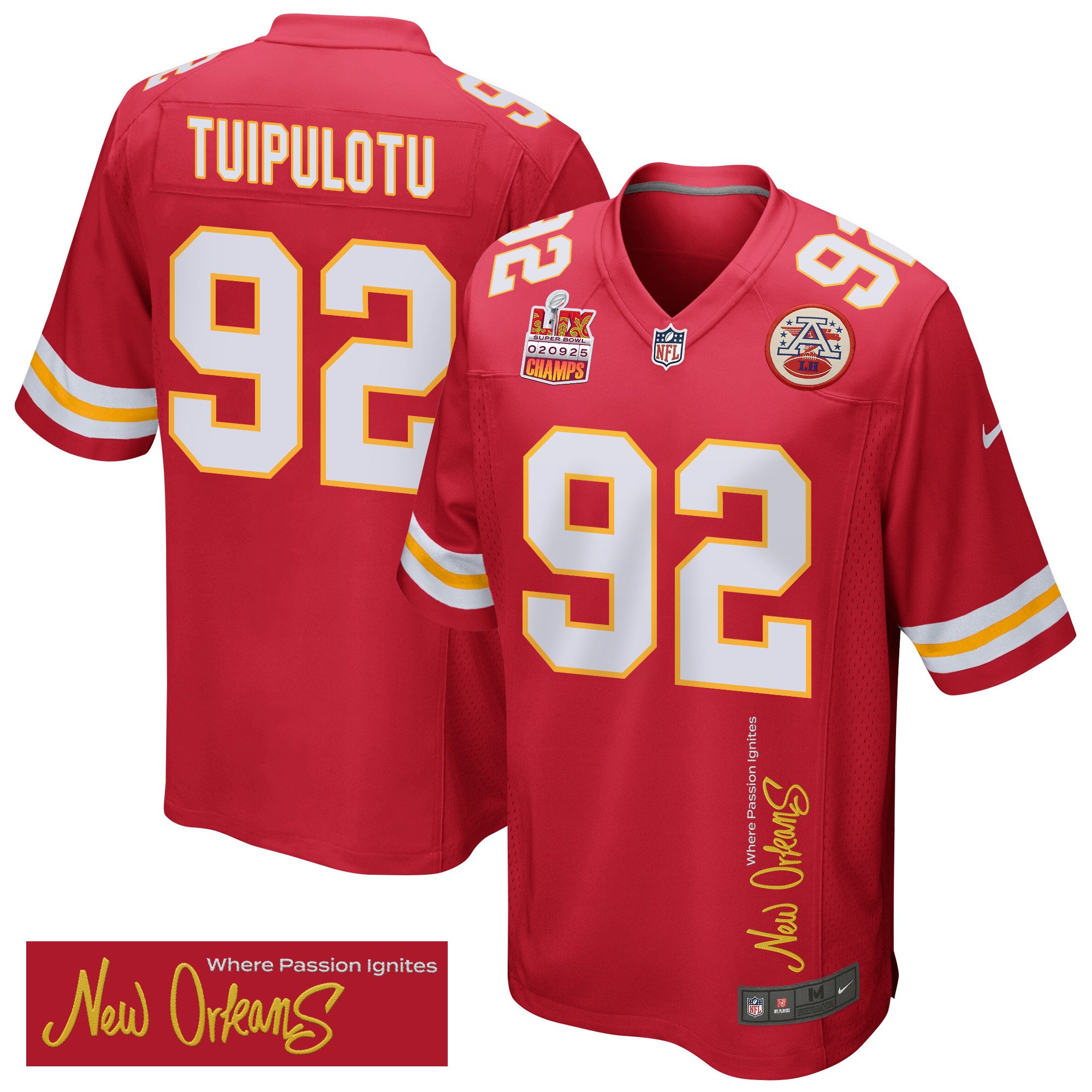 Marlon Tuipulotu 92 Kansas City Chiefs Super Bowl LIX Champions Patch 'New Orleans - Where Passion Ignites' EMBROIDERED Game Men Jersey - Red JS3367 nicesnker