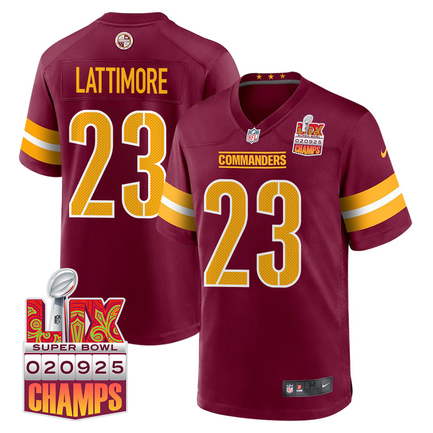 Marshon Lattimore 23 Washington Commanders Super Bowl LIX Champions Patch Game Men Jersey - Burgundy JS2013 nicesnker