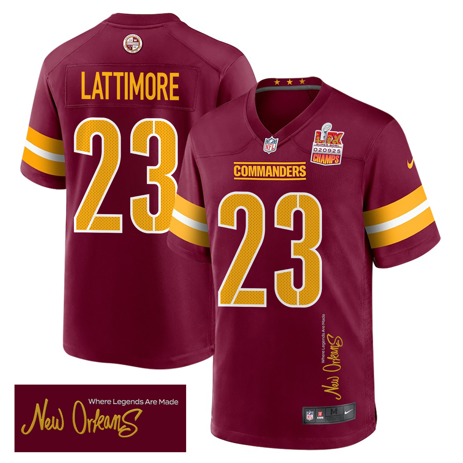 Marshon Lattimore 23 Washington Commanders Super Bowl LIX Champions Patch 'New Orleans - Where Legends Are Made' EMBROIDERED Game Men Jersey - Burgundy JS8375 nicesnker