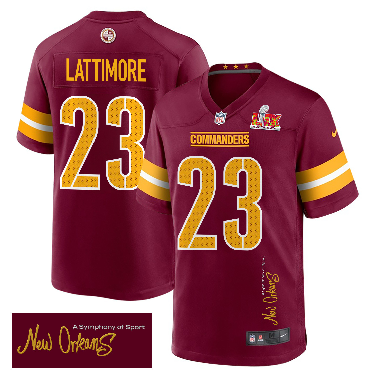 Marshon Lattimore 23 Washington Commanders Super Bowl LIX 'New Orleans - A Symphony of Sport' EMBROIDERED Game Men Jersey - Burgundy JS4612 nicesnker