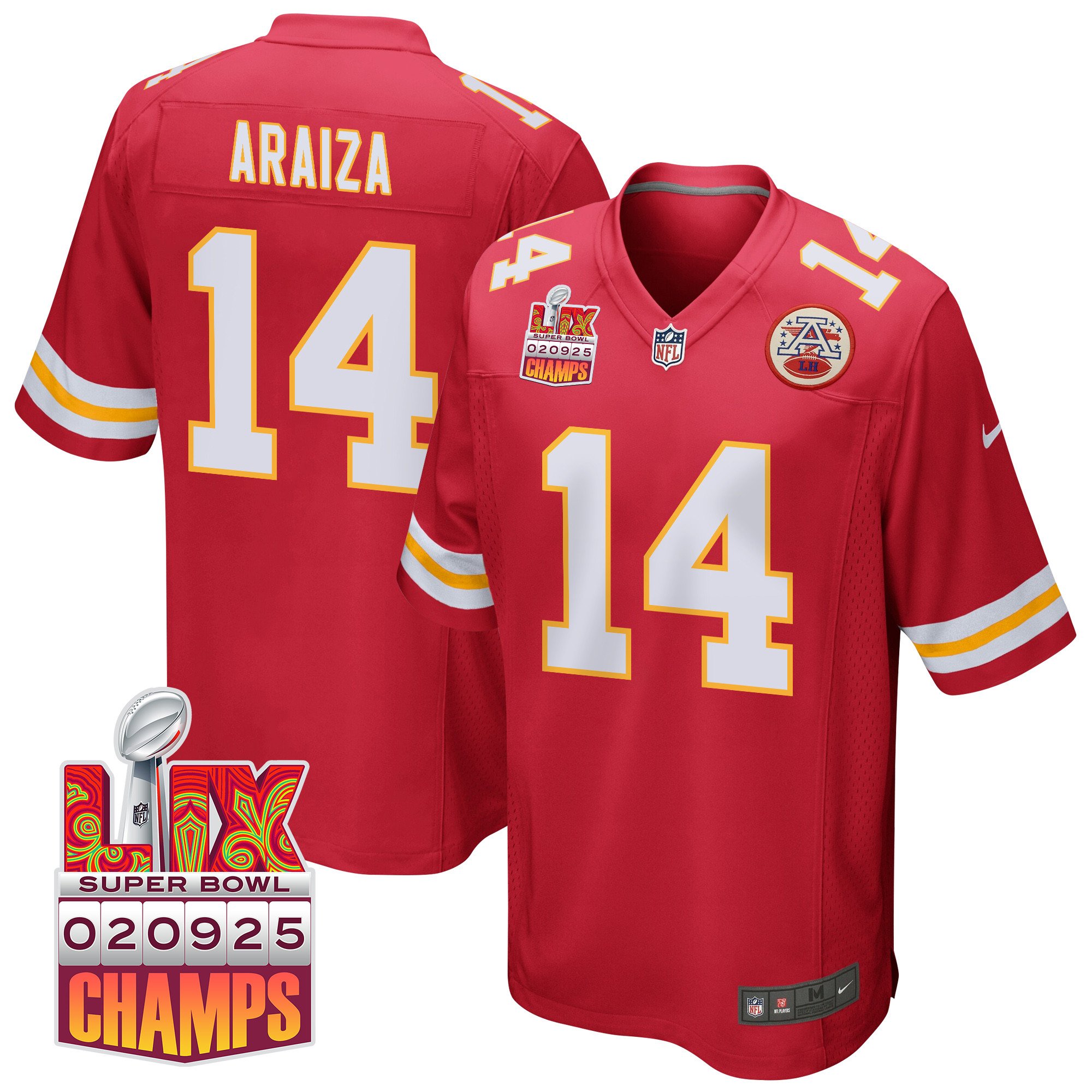 Matt Araiza 14 Kansas City Chiefs Super Bowl LIX Champions Patch Game Men Jersey - Red JS6085 nicesnker