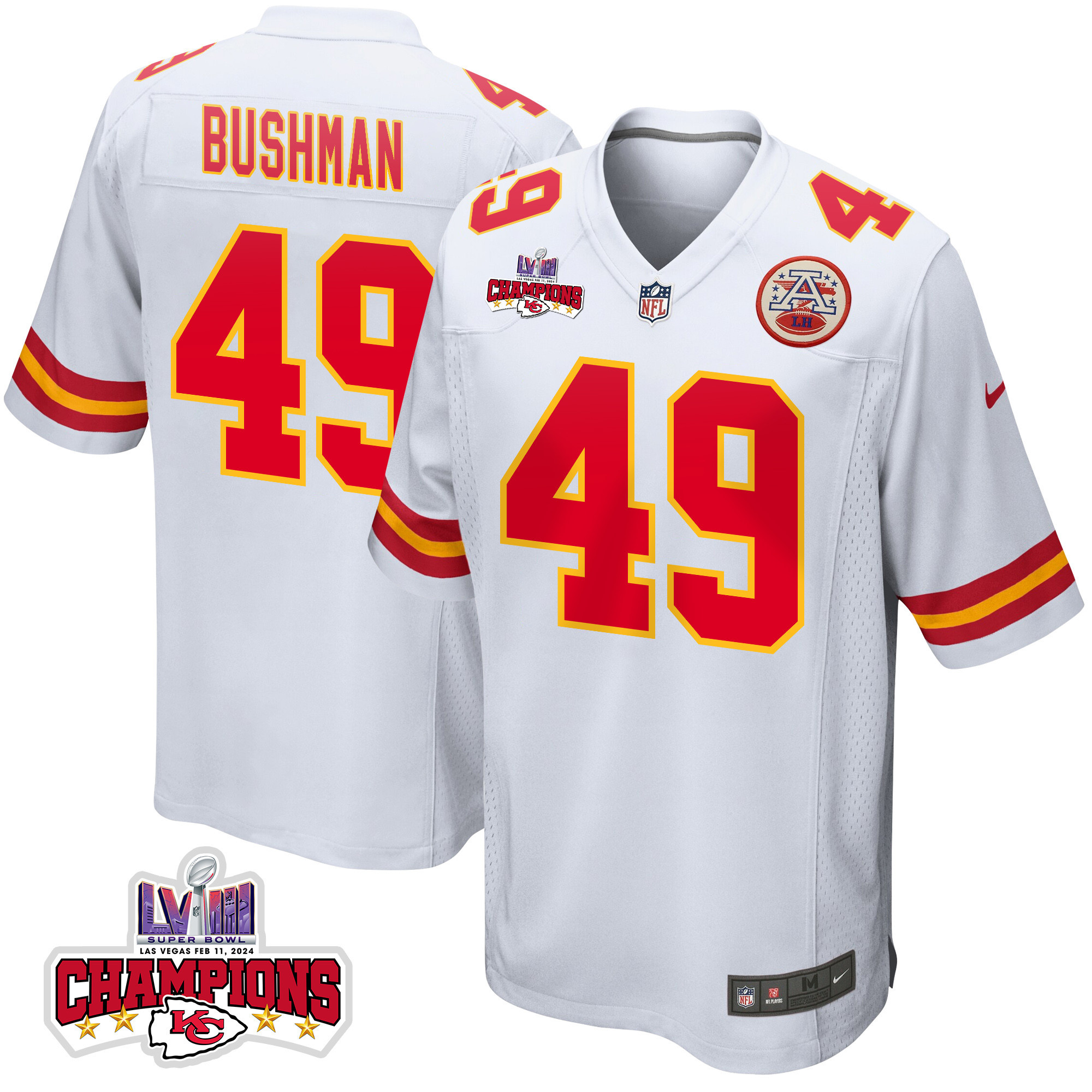 Matt Bushman 49 Kansas City Chiefs Super Bowl LVIII Champions 4 Stars Patch Game Men Jersey - White JS2015 nicesnker