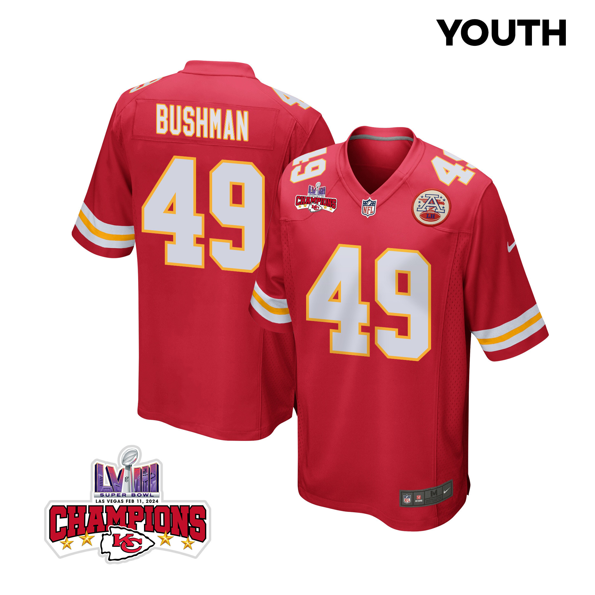 Matt Bushman 49 Kansas City Chiefs Super Bowl LVIII Champions 4 Stars Patch Game YOUTH Jersey - Red JS2950 nicesnker