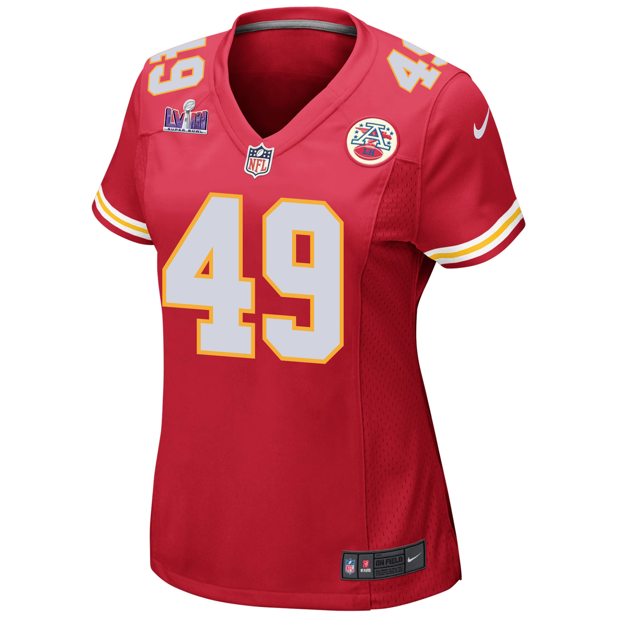 Alternative view of Matt Bushman 49 Kansas City Chiefs Super Bowl LVIII Patch Game Women Jersey - Red JS4624 nicesnker