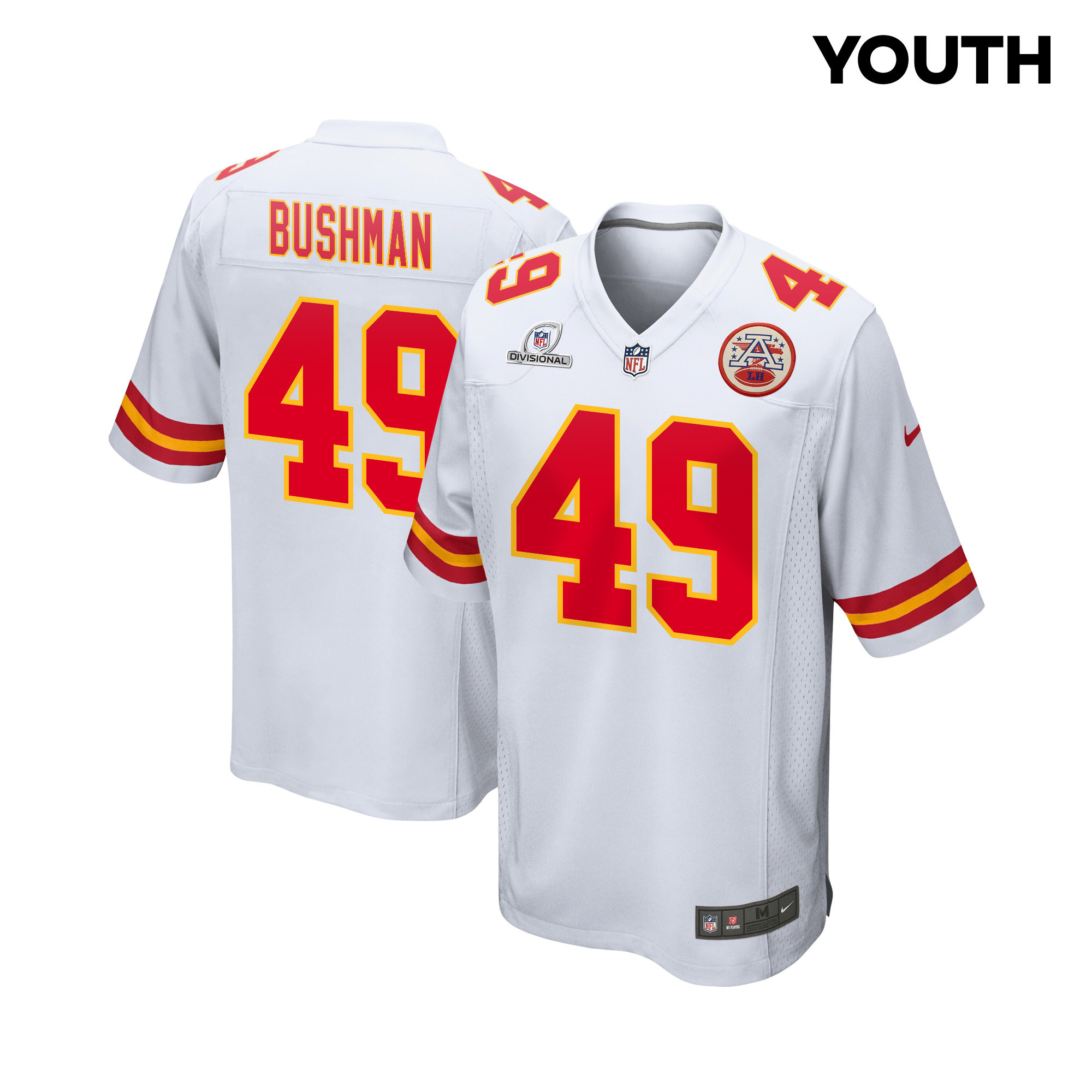 Matt Bushman 49 Kansas City Chiefs Super Bowl LVIII Patch Game YOUTH Jersey - White JS9675 nicesnker