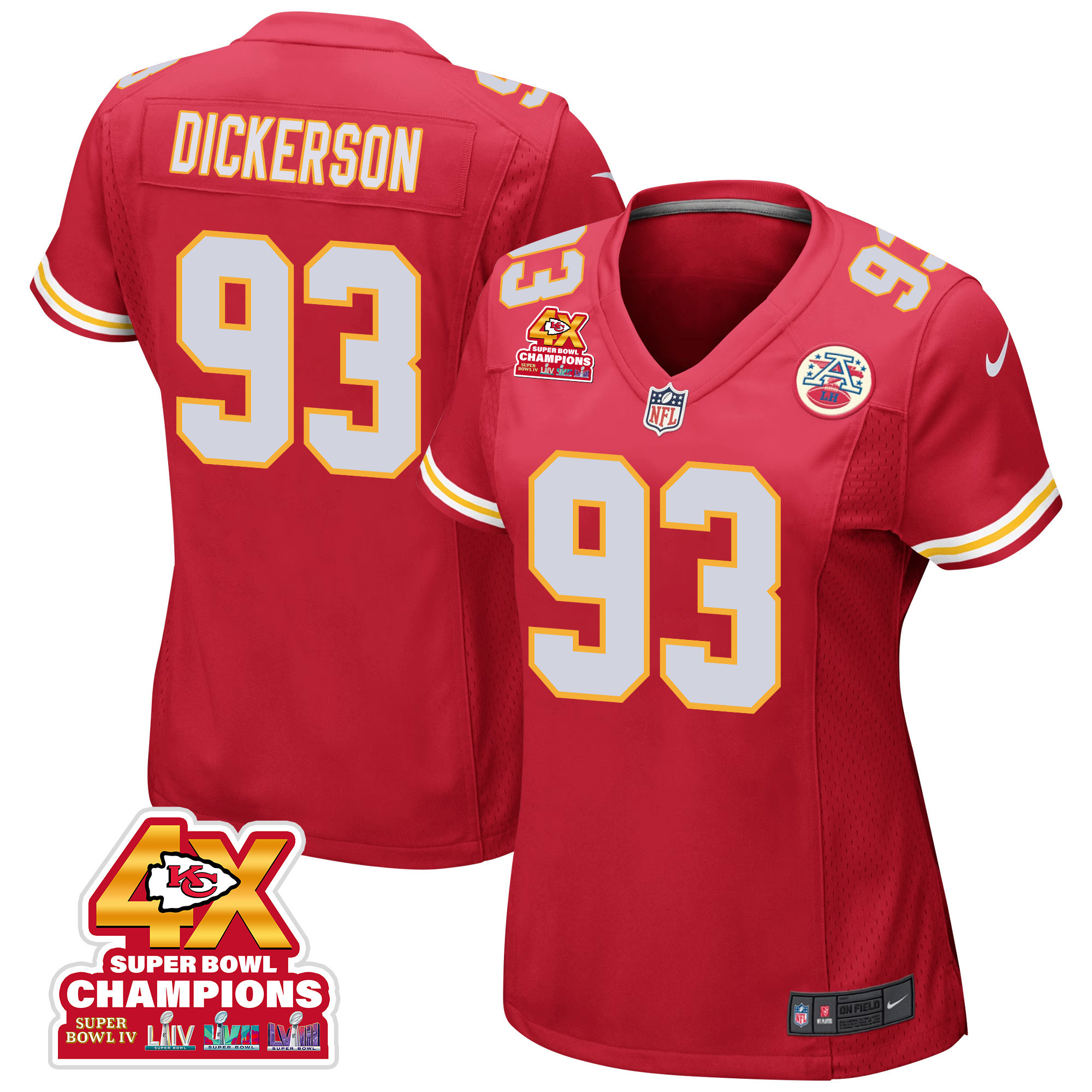 Matt Dickerson 93 Kansas City Chiefs Super Bowl LVIII Champions 4X Game Women Jersey - Red JS6073 nicesnker