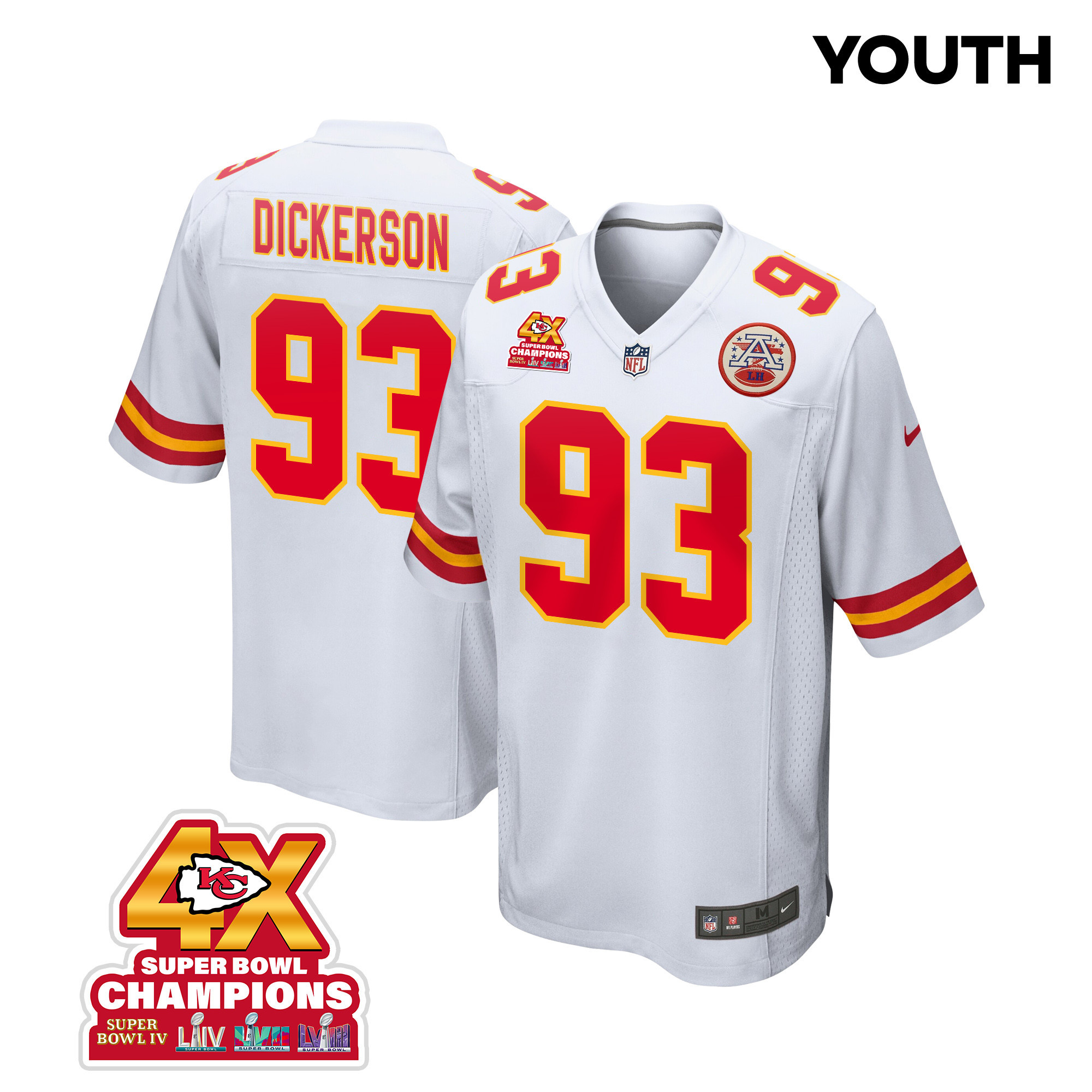 Matt Dickerson 93 Kansas City Chiefs Super Bowl LVIII Champions 4X Game YOUTH Jersey - White JS2018 nicesnker