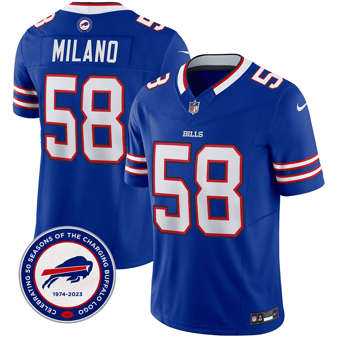 Matt Milano 58 Buffalo Bills 50th Charging Logo Patch Game Men Jersey - Royal JS4434 nicesnker
