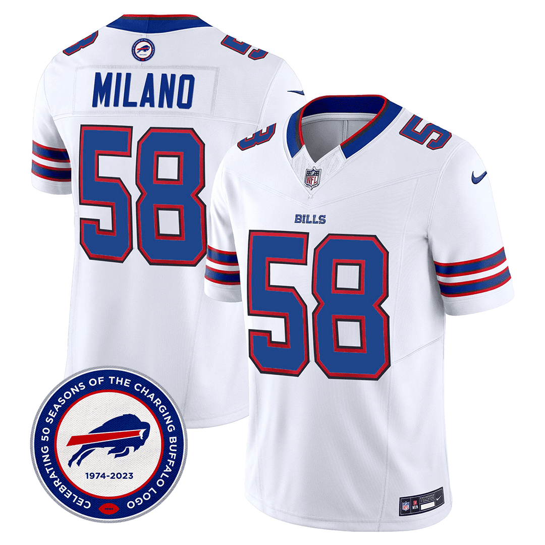 Matt Milano 58 Buffalo Bills 50th Charging Logo Patch Game Men Jersey - White JS1828 nicesnker