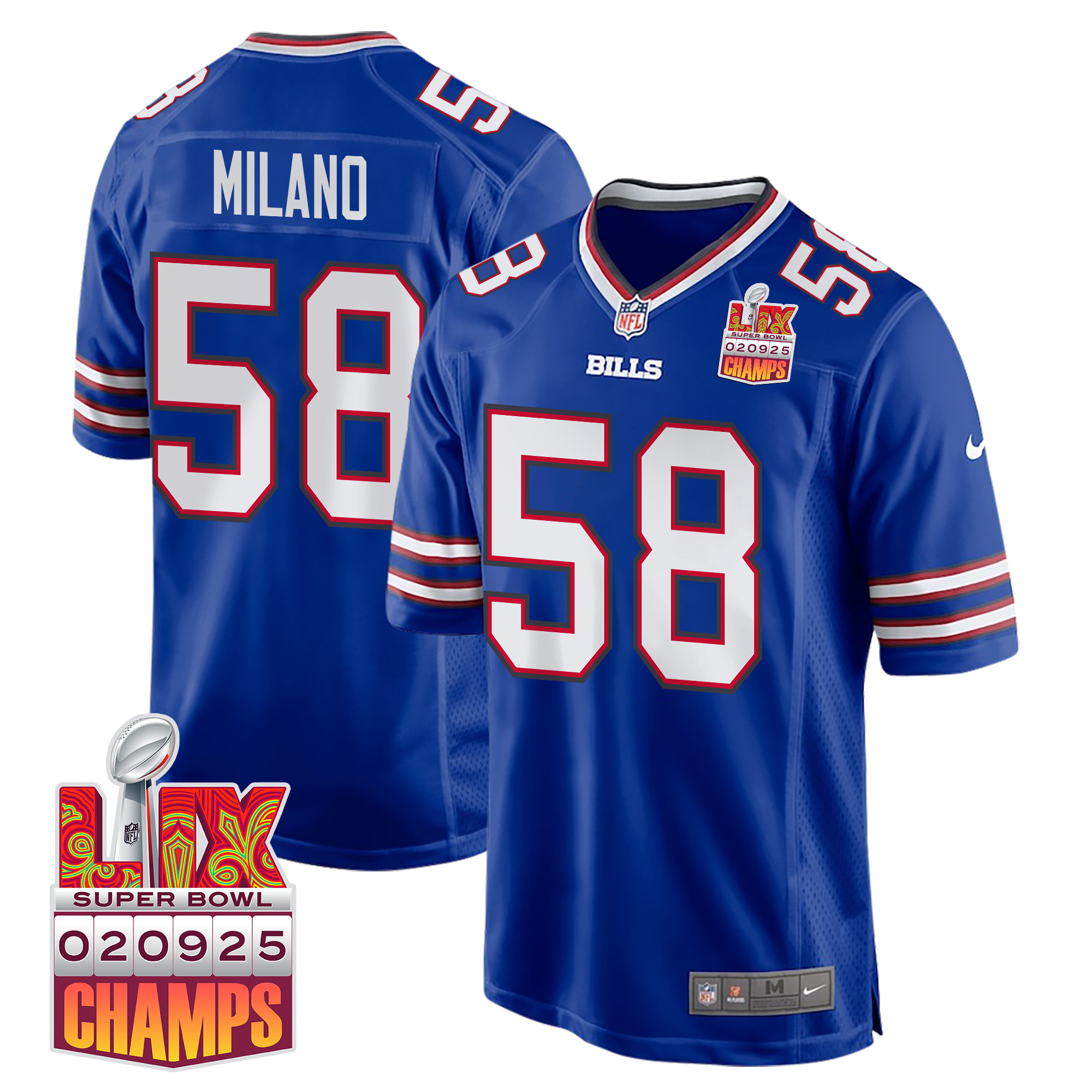 Matt Milano 58 Buffalo Bills Super Bowl LIX Champions Patch Game Men Jersey - Royal JS8099 nicesnker