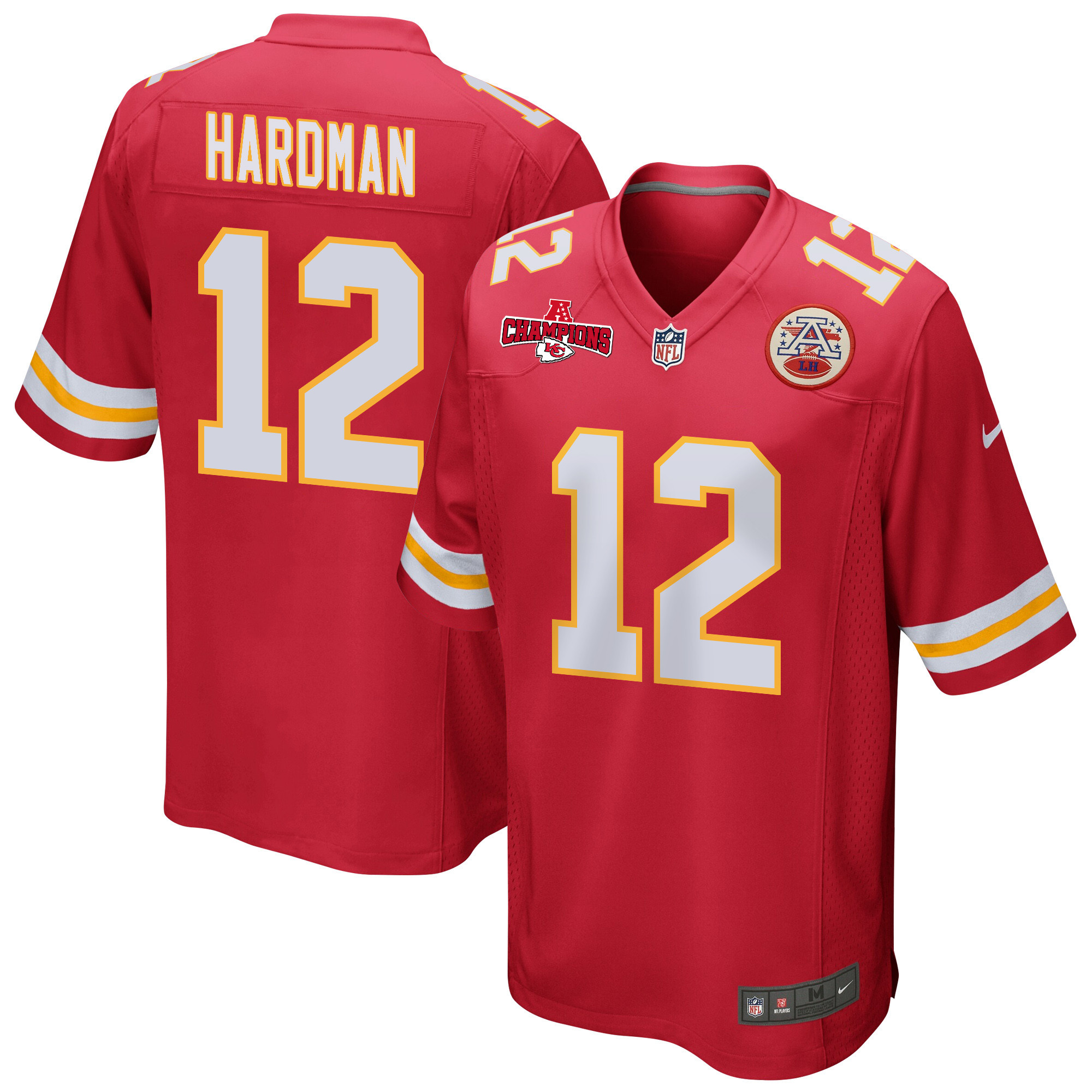 Mecole Hardman 12 Kansas City Chiefs AFC Champions Patch Game Men Jersey - Red JS9216 nicesnker