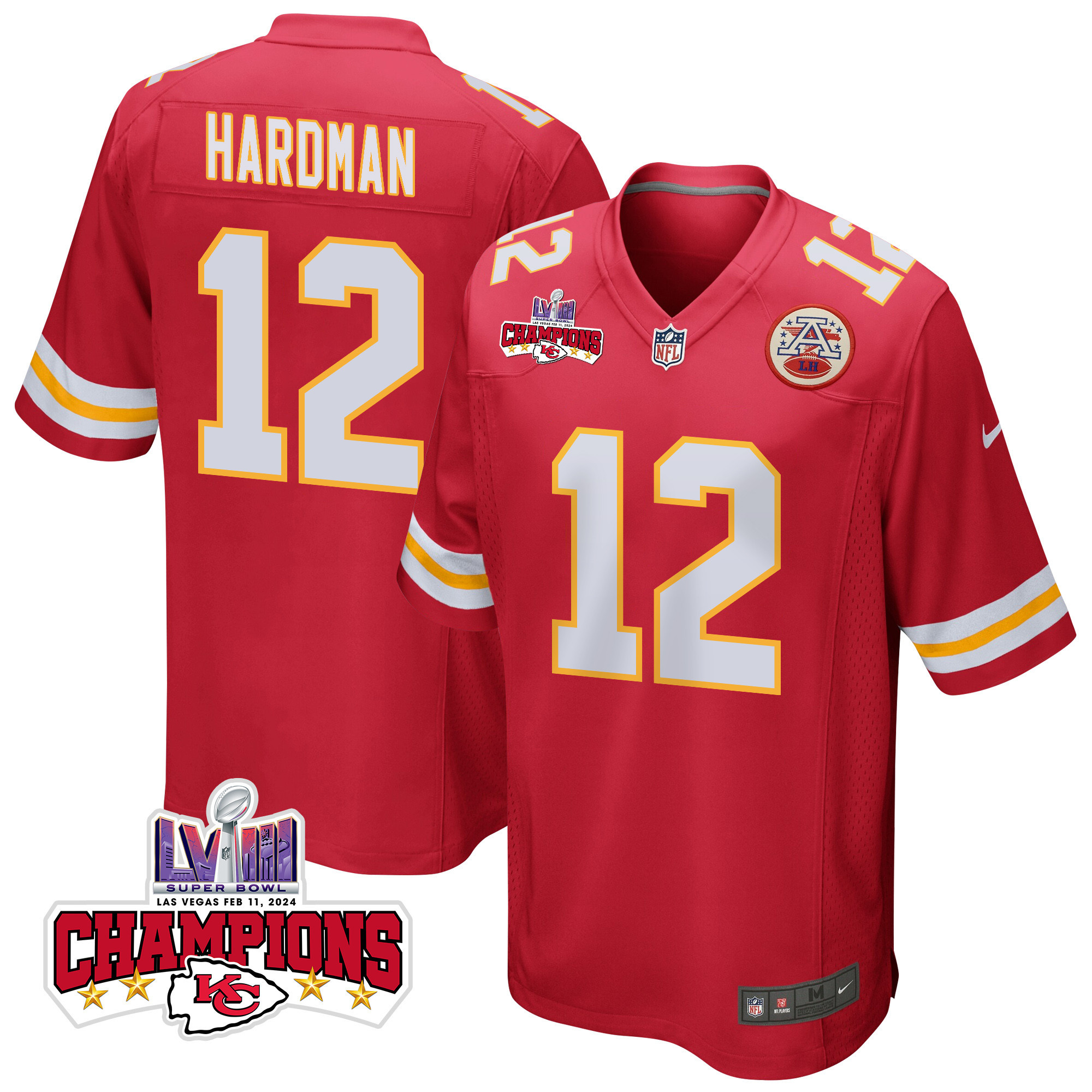 Mecole Hardman 12 Kansas City Chiefs Super Bowl LVIII Champions 4 Stars Patch Game Men Jersey - Red JS3105 nicesnker