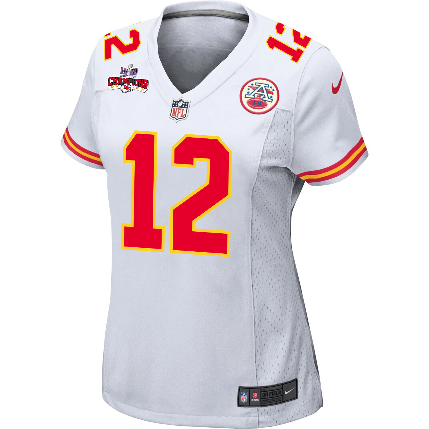 Alternative view of Mecole Hardman 12 Kansas City Chiefs Super Bowl LVIII Champions 4 Stars Patch Game Women Jersey - White JS9636 nicesnker