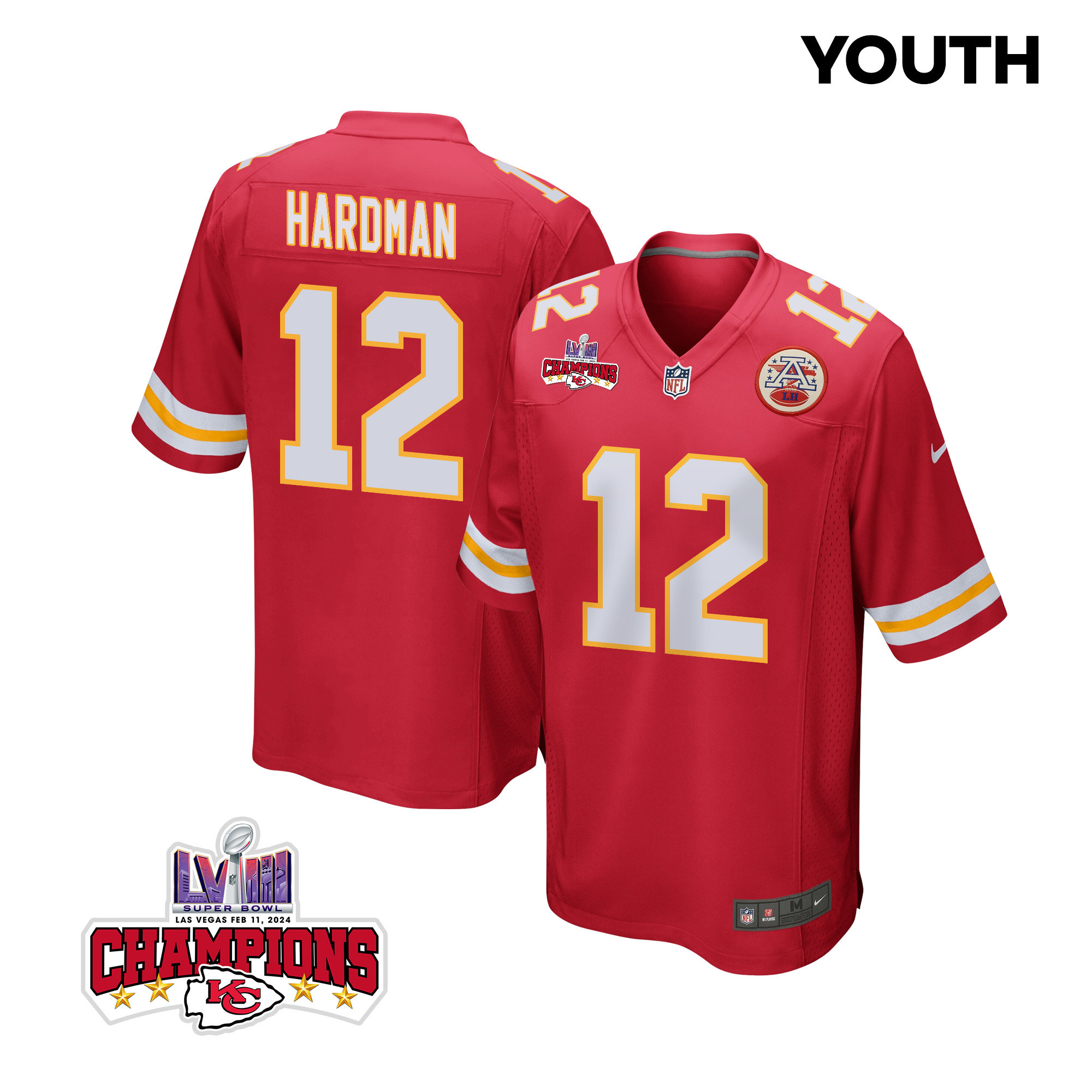 Mecole Hardman 12 Kansas City Chiefs Super Bowl LVIII Champions 4 Stars Patch Game YOUTH Jersey - Red JS6853 nicesnker