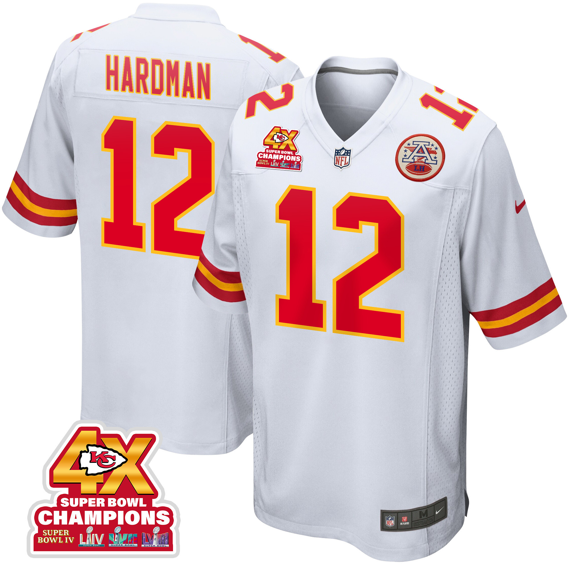 Mecole Hardman 12 Kansas City Chiefs Super Bowl LVIII Champions 4X Game Men Jersey - White JS8901 nicesnker