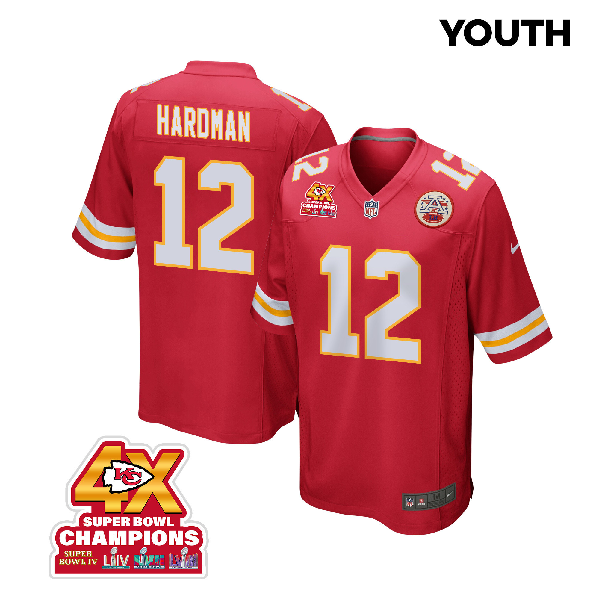 Mecole Hardman 12 Kansas City Chiefs Super Bowl LVIII Champions 4X Game YOUTH Jersey - Red JS4282 nicesnker