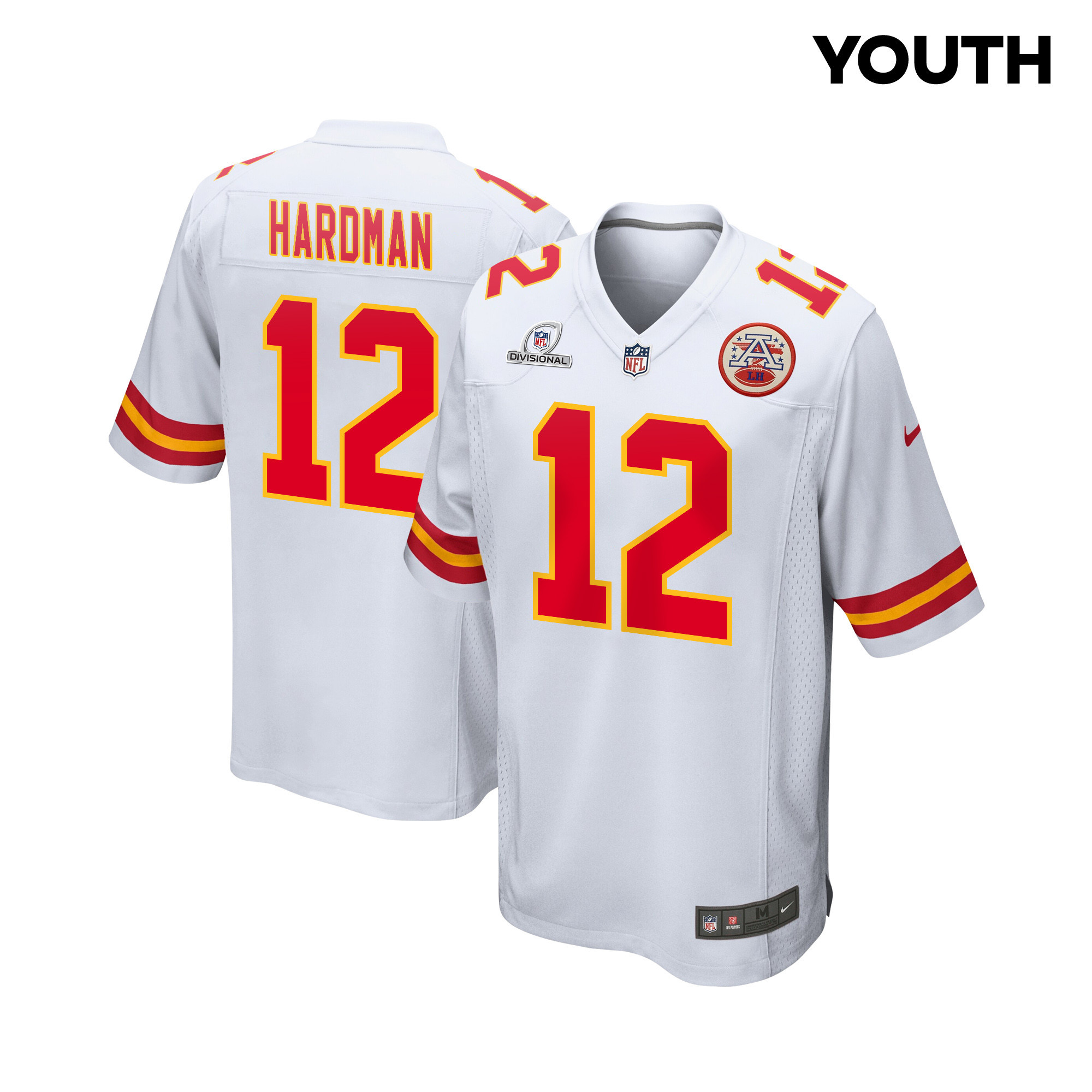 Mecole Hardman 12 Kansas City Chiefs Super Bowl LVIII Patch Game YOUTH Jersey - White JS8914 nicesnker