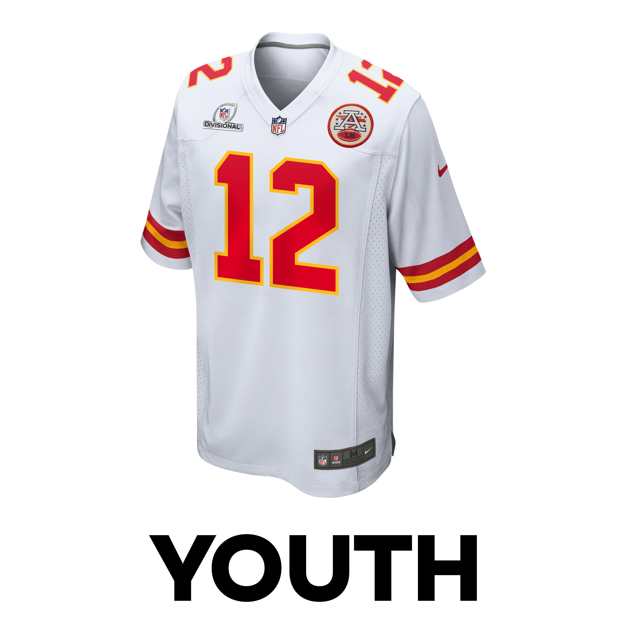 Alternative view of Mecole Hardman 12 Kansas City Chiefs Super Bowl LVIII Patch Game YOUTH Jersey - White JS8914 nicesnker