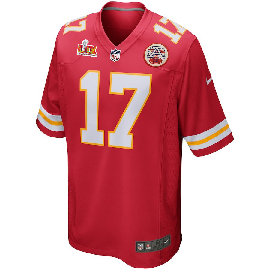 Alternative view of Mecole Hardman #17 Kansas City Chiefs Super Bowl LIX Jersey - Men's - Red JS8002 nicesnker