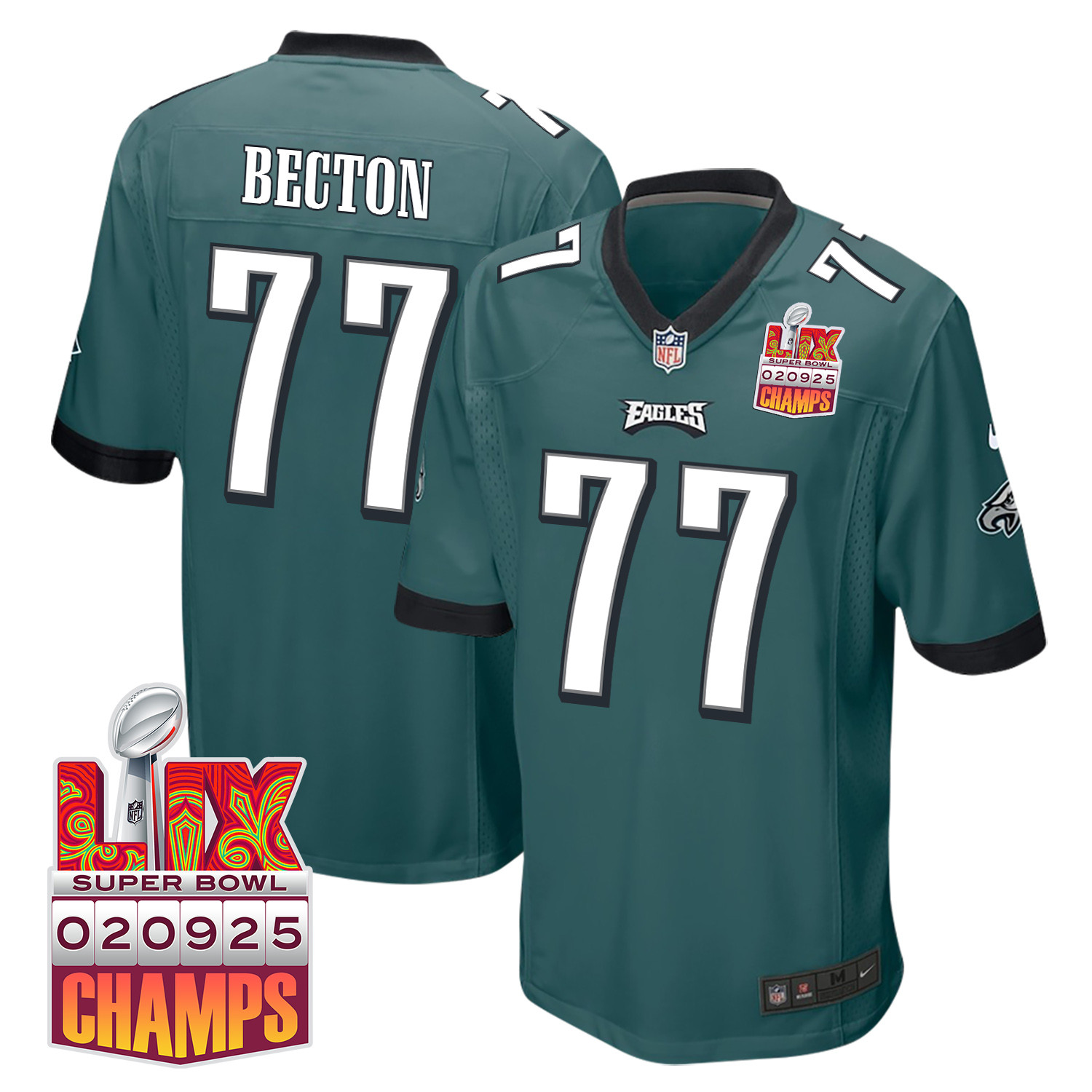 Mekhi Becton 77 Philadelphia Eagles Super Bowl LIX Champions Patch Game Men Jersey - Midnight Green JS9965 nicesnker