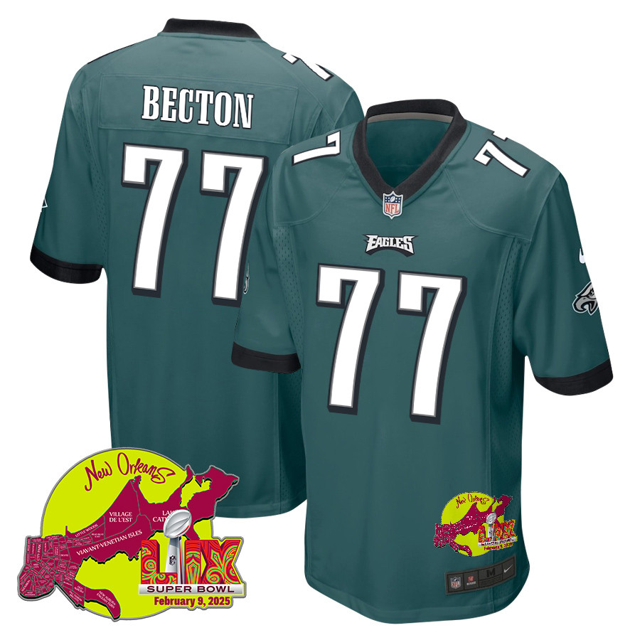 Mekhi Becton 77 Philadelphia Eagles Super Bowl LIX New Orleans Patch Game Men Jersey - Midnight Green JS2175 nicesnker
