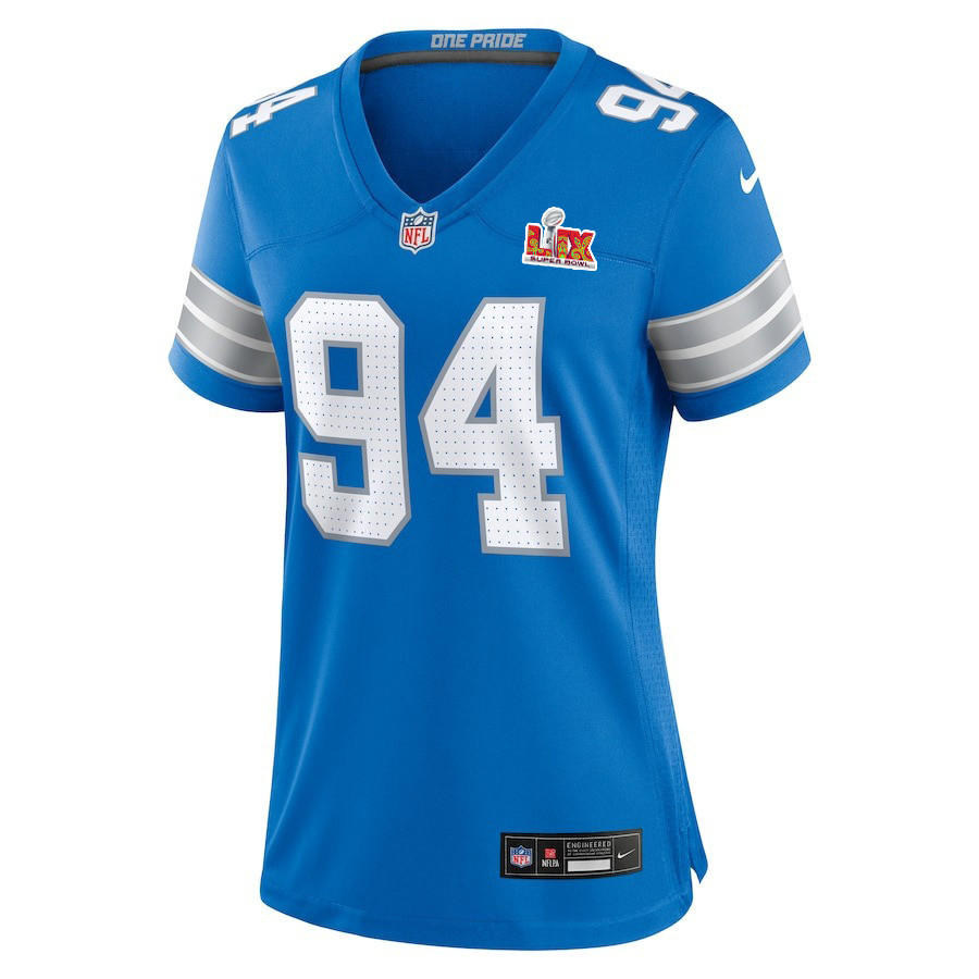 Alternative view of Mekhi Wingo #94 Detroit Lions Super Bowl LIX Women's Jersey - Blue JS6367 nicesnker