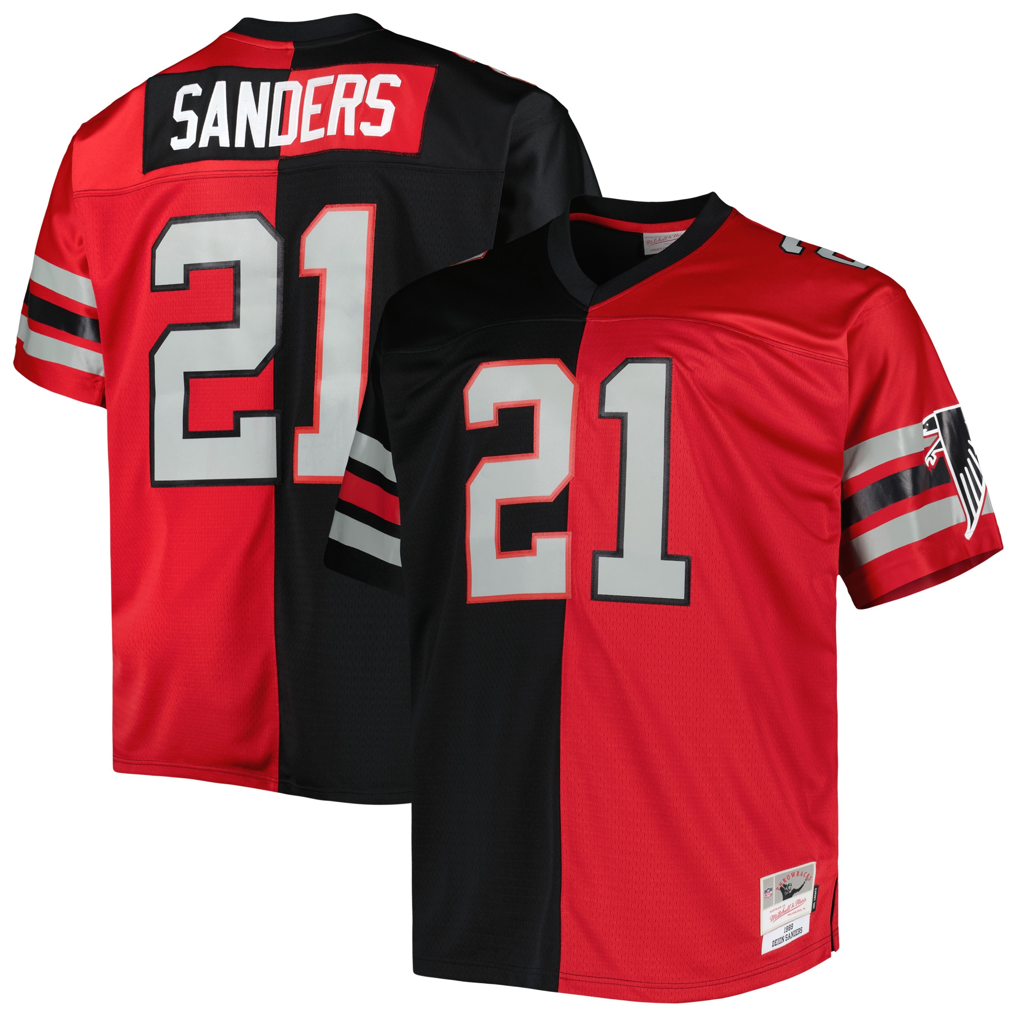 Men's Atlanta Falcons Deion Sanders Mitchell & Ness Black/Red Big & Tall Split Legacy Retired Player Jersey JS5797 nicesnker