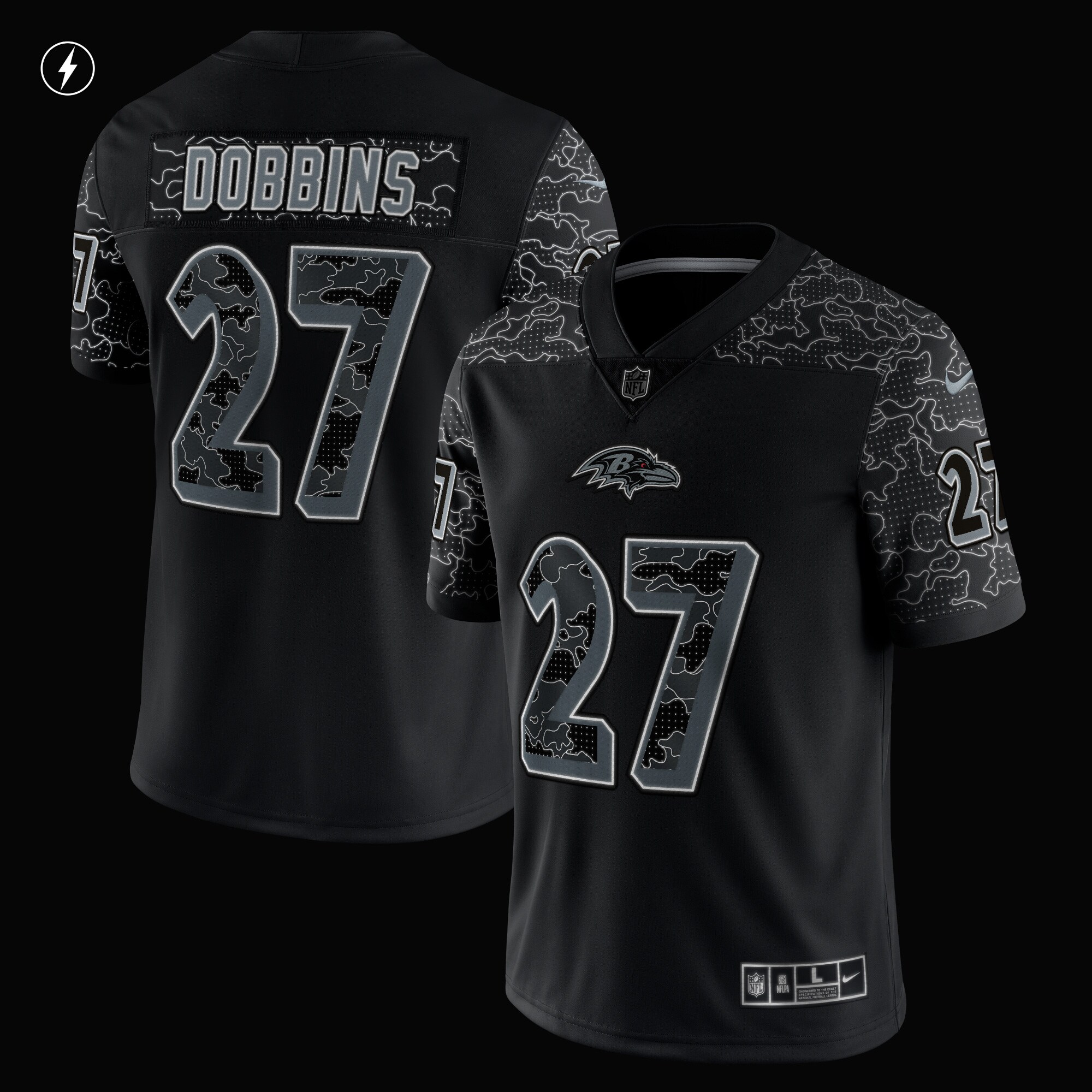 Alternative view of Men's Baltimore Ravens J.K. Dobbins Black RFLCTV Limited Jersey JS6880 nicesnker