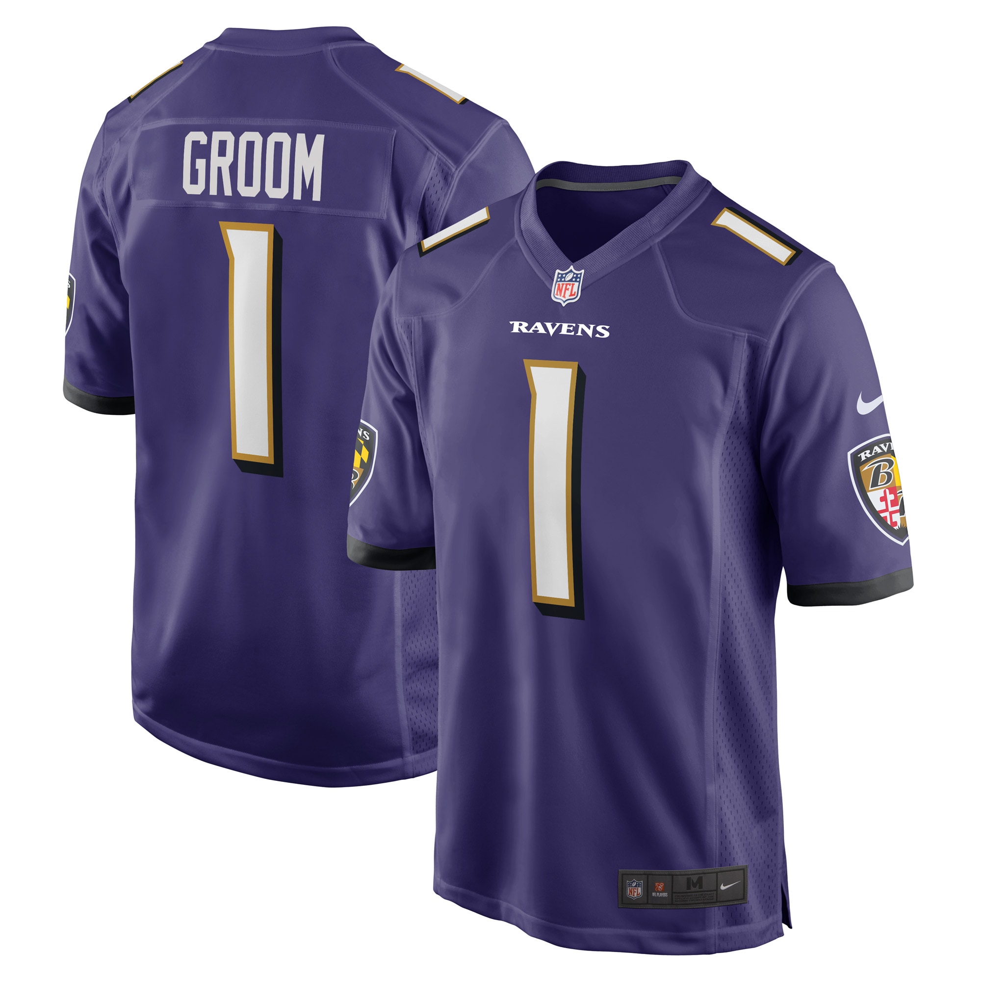Men's Baltimore Ravens Number 1 Groom Purple Game Jersey JS4709 nicesnker