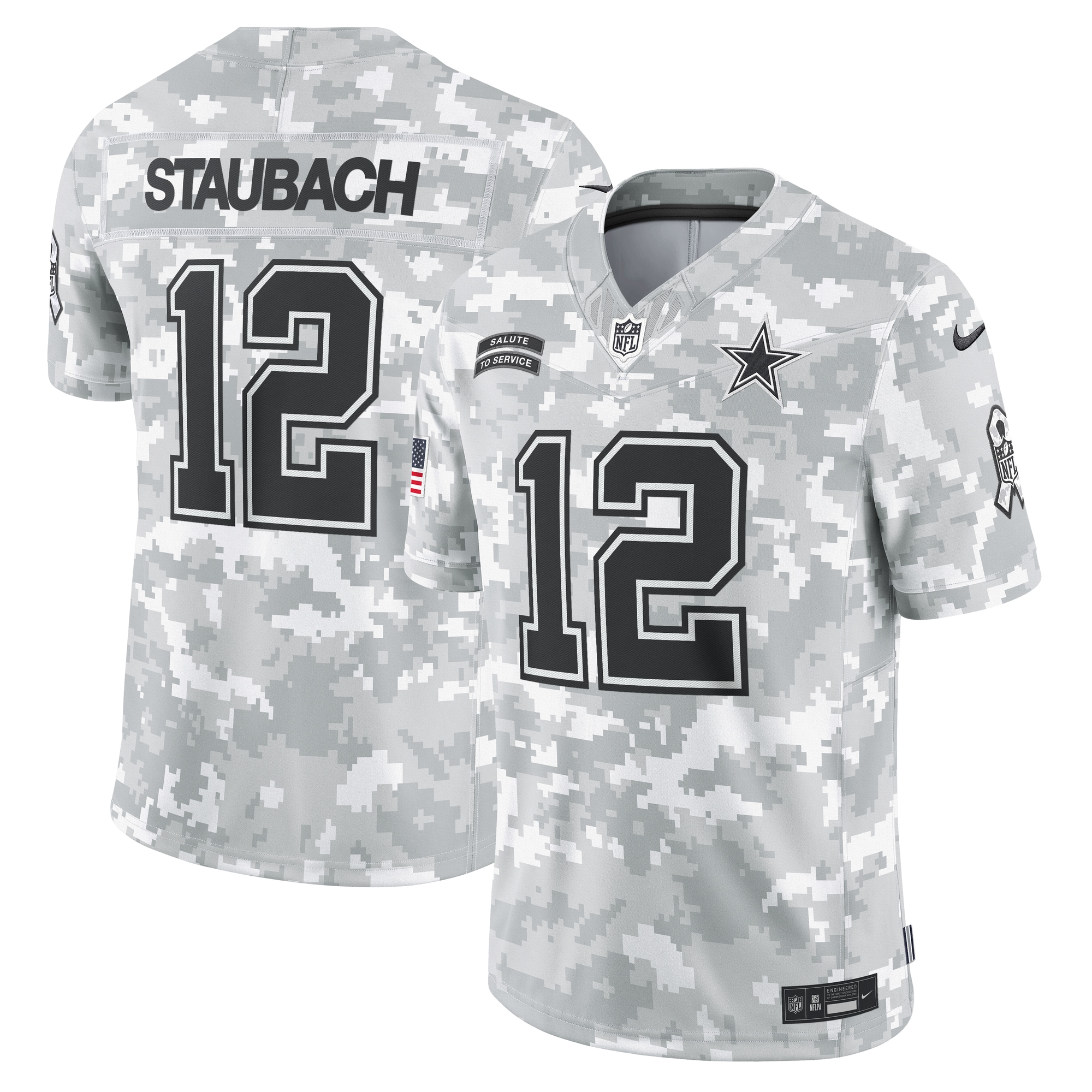 Men's Dallas Cowboys Roger Staubach Arctic Camo 2024 Salute to Service Retired Player Limited Jersey JS5061 nicesnker
