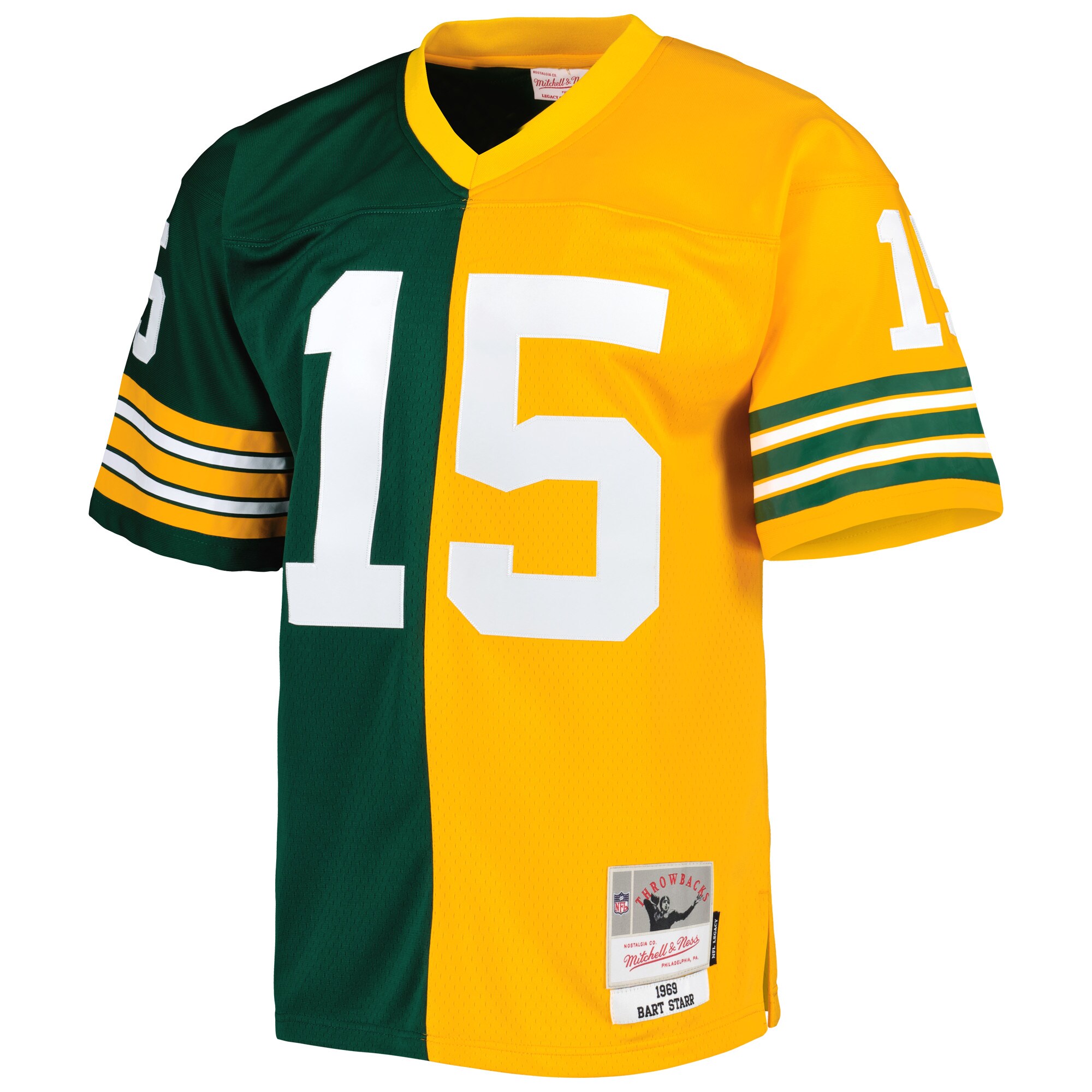 Alternative view of Men's Green Bay Packers Bart Starr Mitchell & Ness Green/Gold 1969 Split Legacy Jersey JS7407 nicesnker