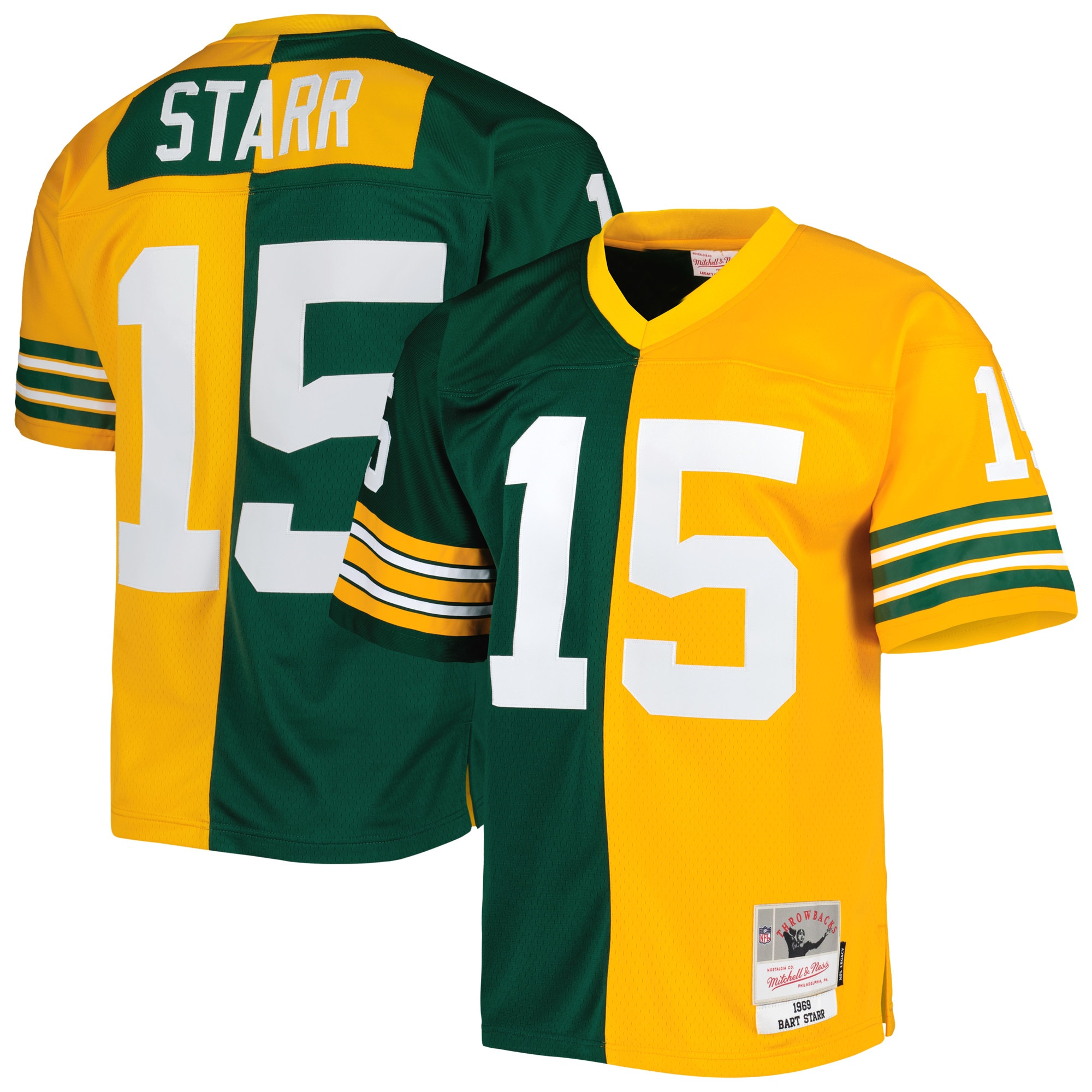 Men's Green Bay Packers Bart Starr Mitchell & Ness Green/Gold 1969 Split Legacy Jersey JS7407 nicesnker