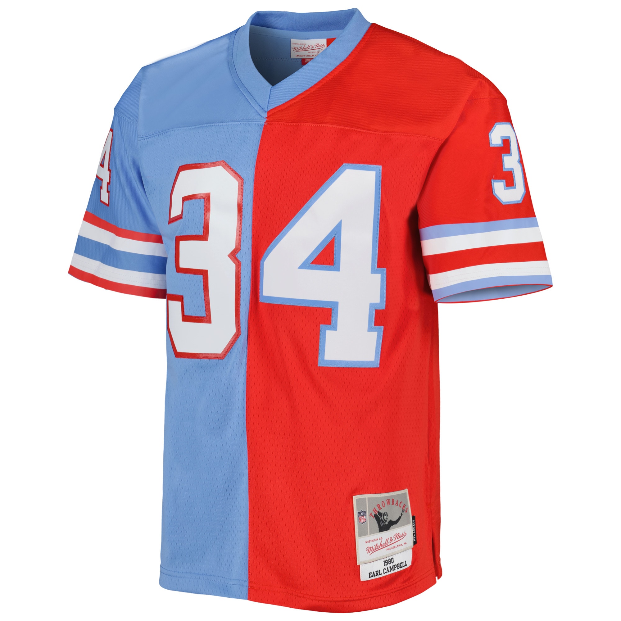 Alternative view of Men's Houston Oilers Earl Campbell Mitchell & Ness Red/Light Blue Gridiron Classics 1980 Split Legacy Jersey JS3158 nicesnker