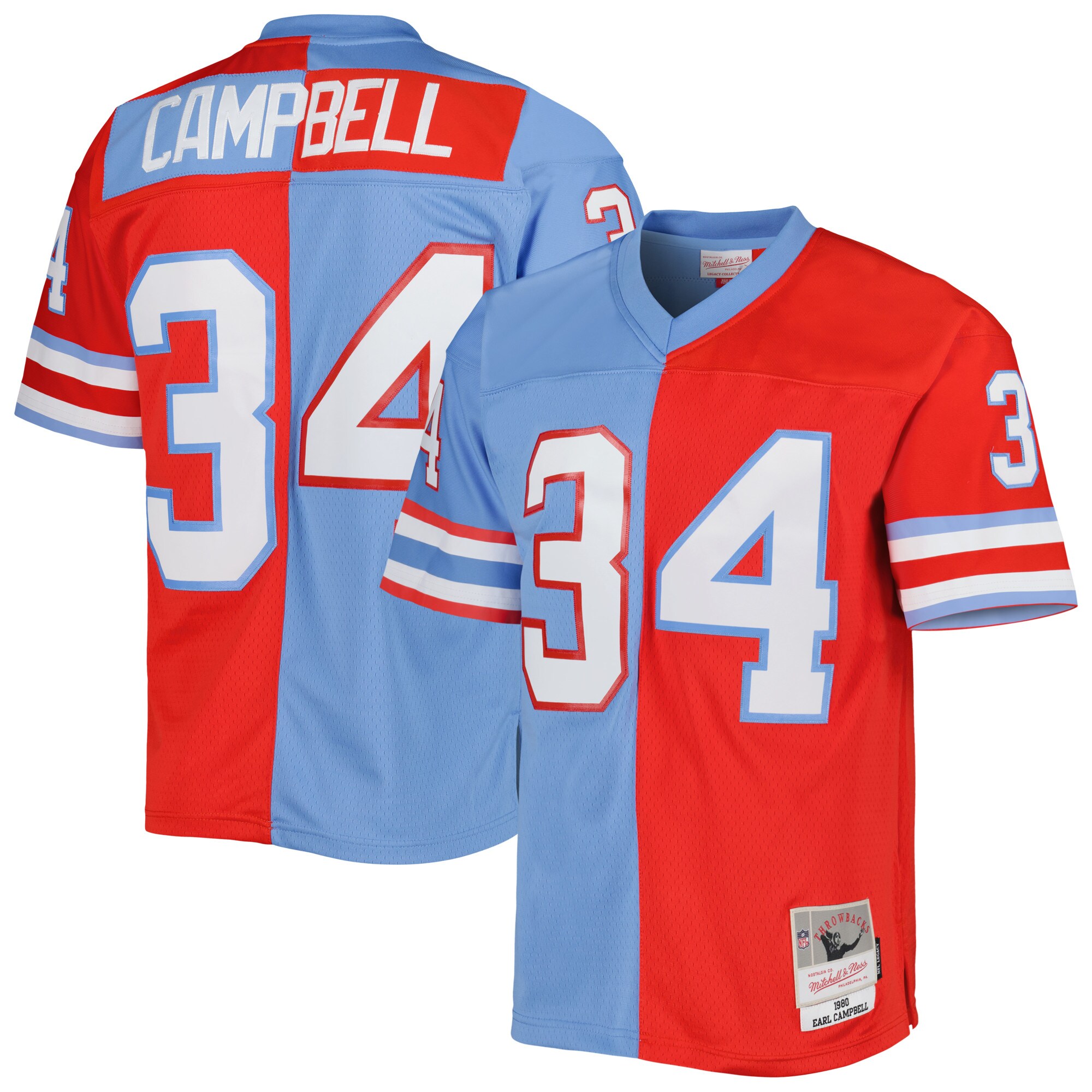 Men's Houston Oilers Earl Campbell Mitchell & Ness Red/Light Blue Gridiron Classics 1980 Split Legacy Jersey JS3158 nicesnker