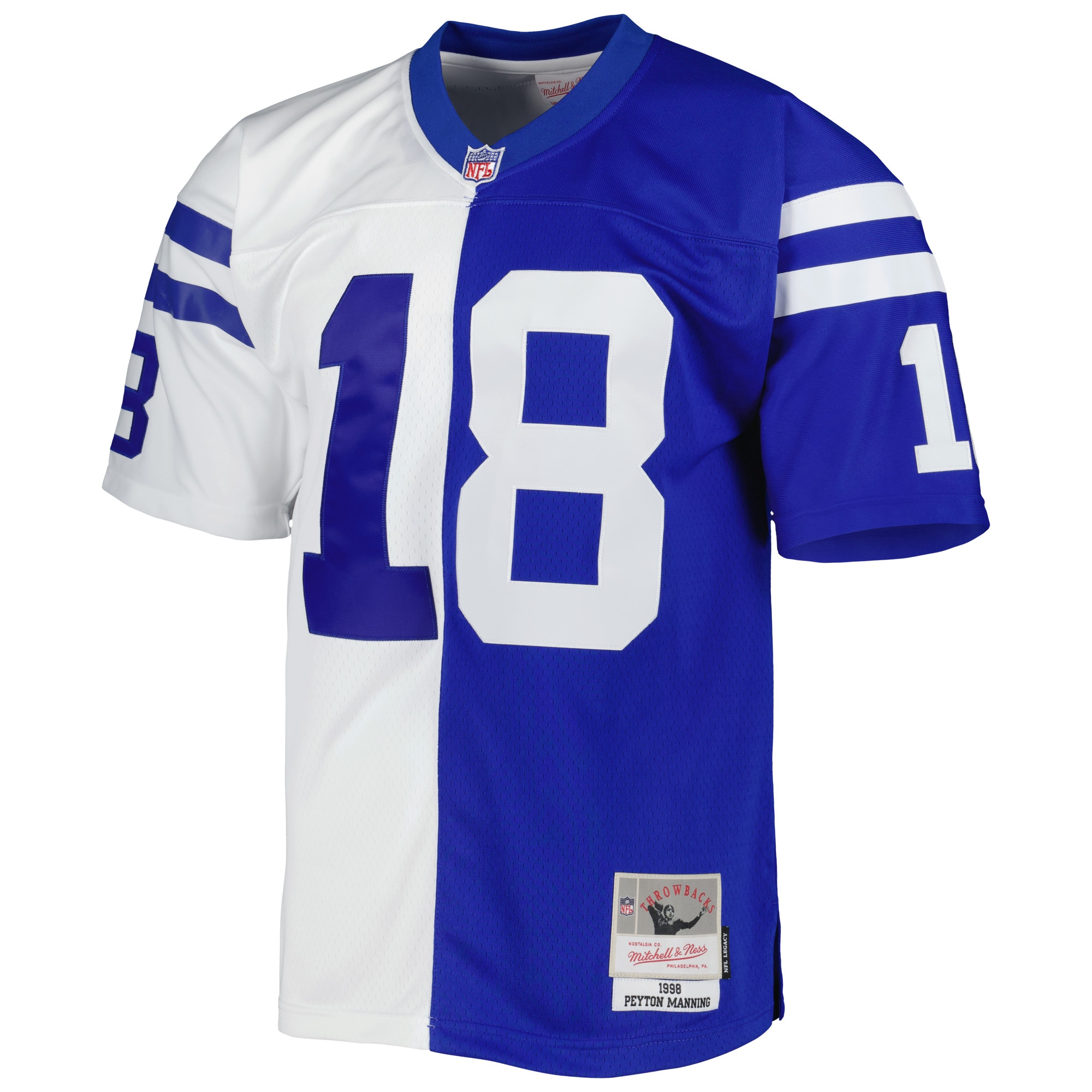 Alternative view of Men's Indianapolis Colts Peyton Manning Mitchell & Ness Royal/White 1998 Split Legacy Jersey JS1562 nicesnker