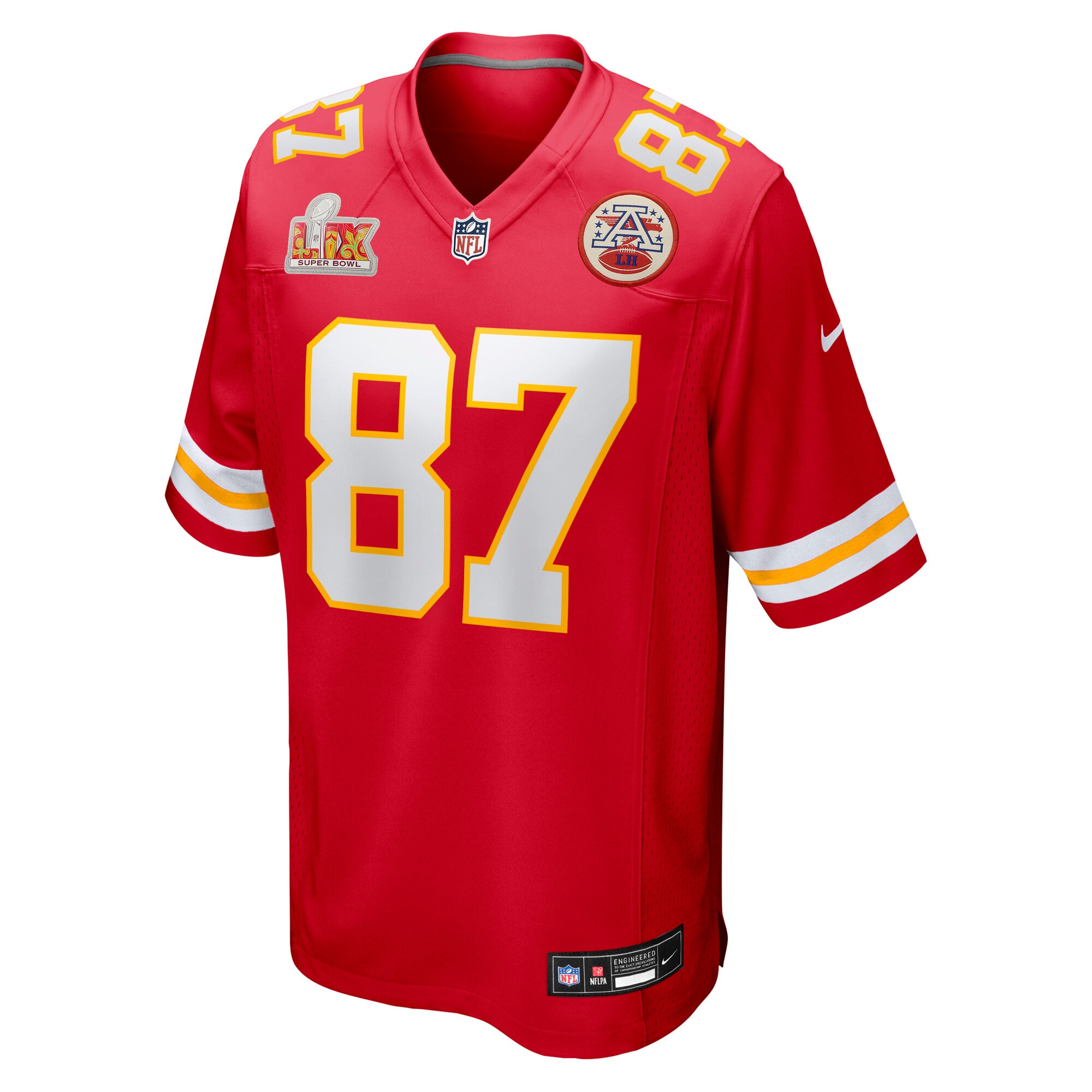 Alternative view of Men's Kansas City Chiefs Travis Kelce Red Super Bowl LIX Game Jersey JS6181 nicesnker