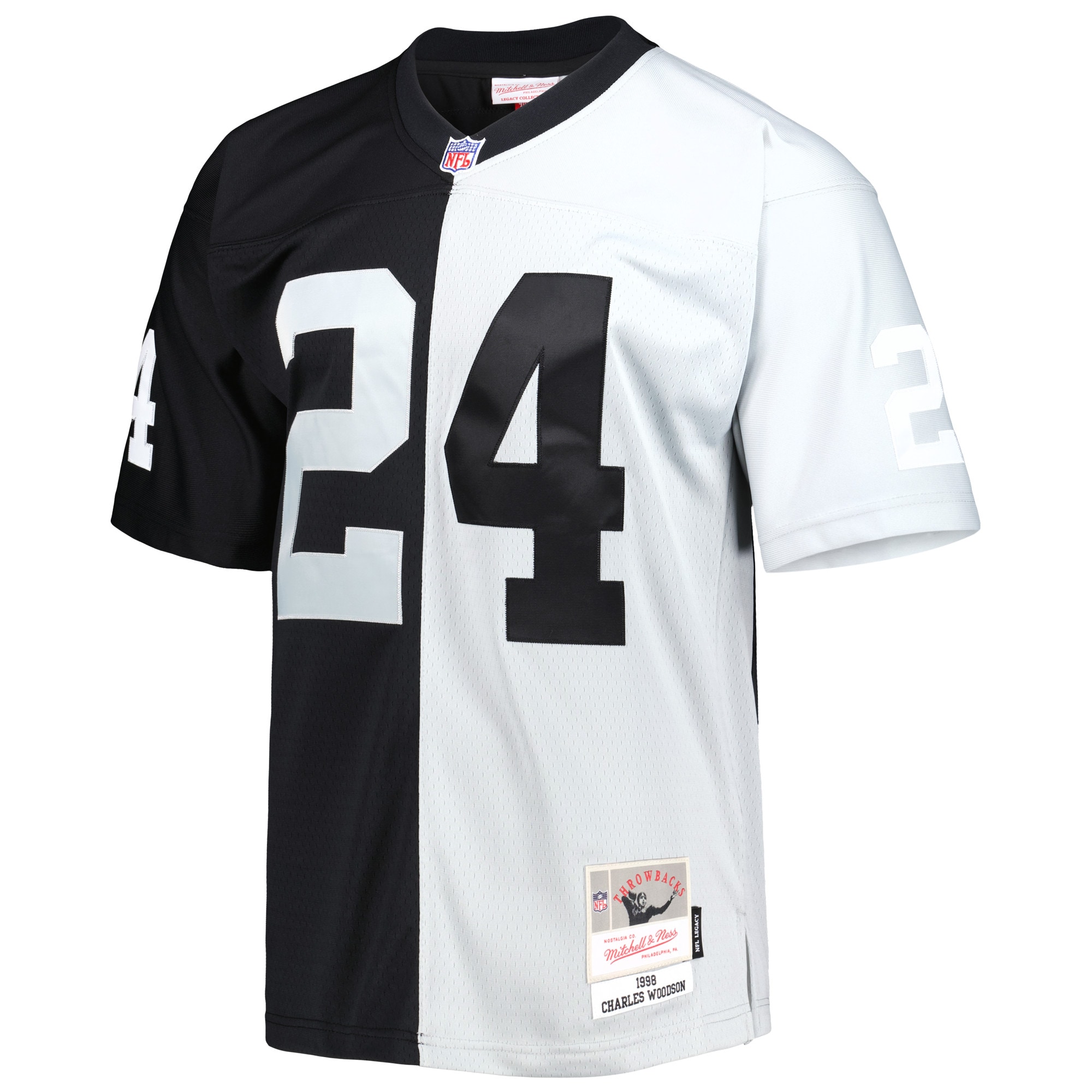 Alternative view of Men's Las Vegas Raiders Charles Woodson Mitchell & Ness Black/Silver 1998 Split Legacy Jersey JS1898 nicesnker
