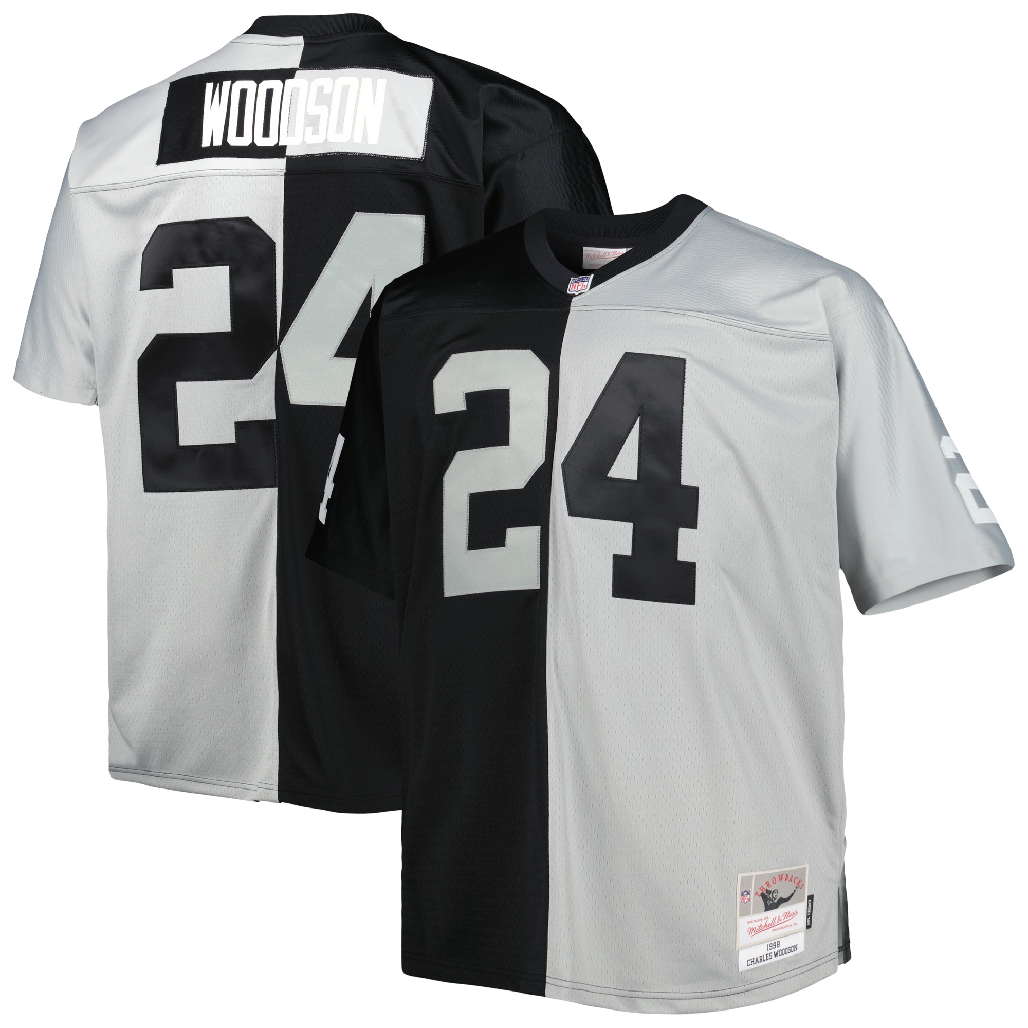 Men's Las Vegas Raiders Charles Woodson Mitchell & Ness Black/Silver Big & Tall Split Legacy Retired Player Jersey JS3363 nicesnker